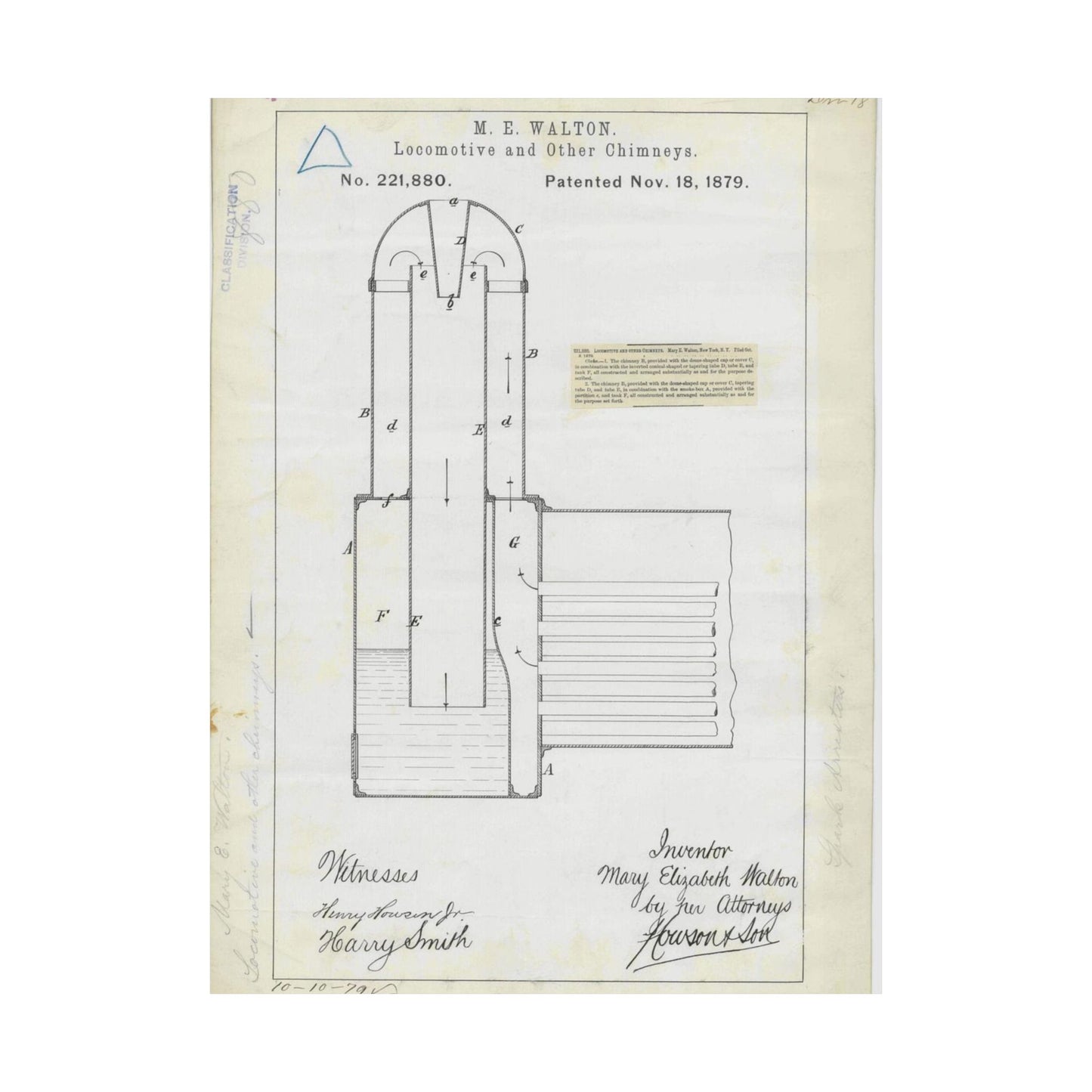 Patent Drawing of Engine - for M. E. Walton's Locomotive and Other Chimneys Public domain  image High Quality Matte Wall Art Poster for Home, Office, Classroom