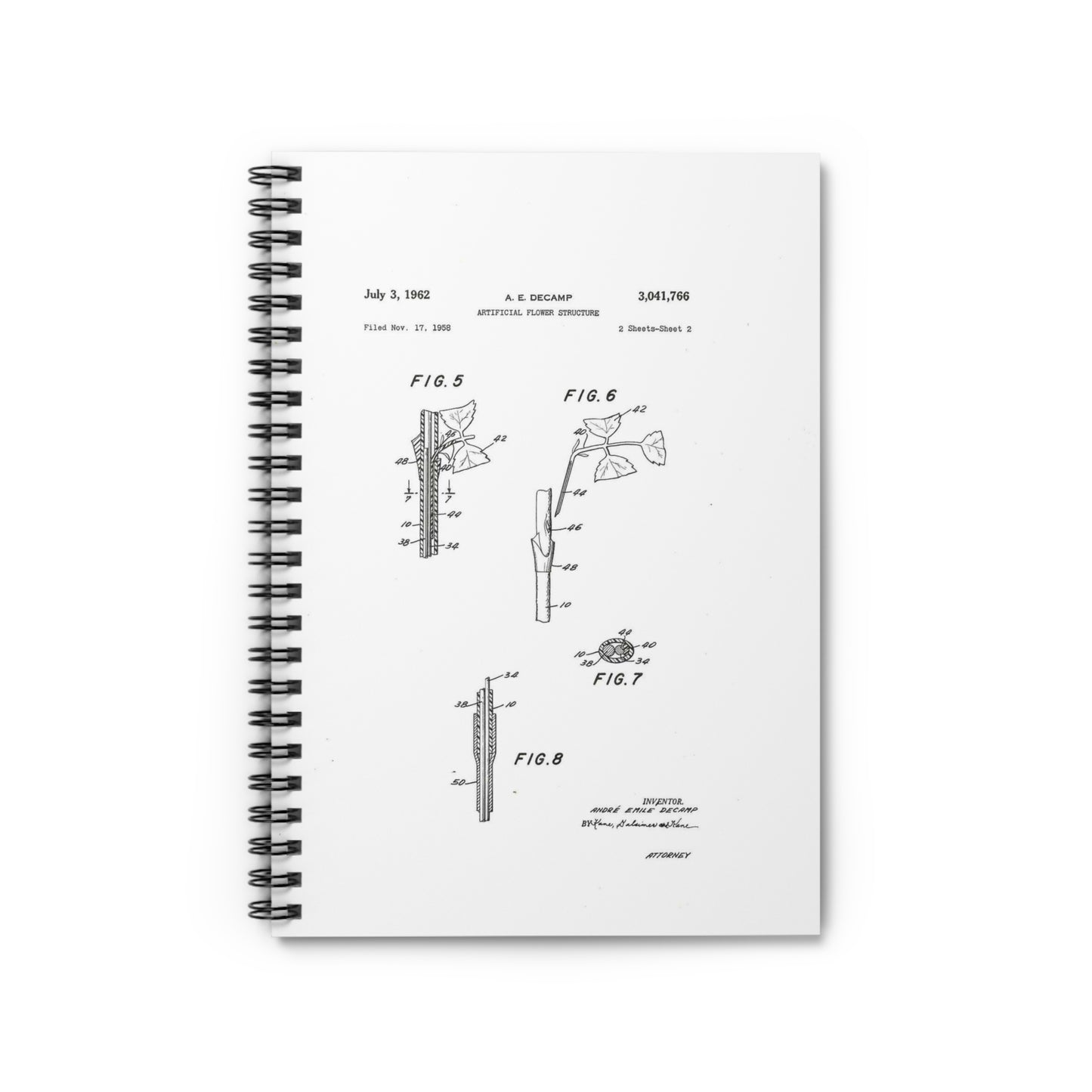 Patent Case File No. 3,041,766, Artificial Flower Structure, Inventor- Andre Emile Decamp. - DPLA - 5b42c14167aa06231801b6160e85e41a (page 8) Spiral Bound Ruled Notebook with Printed Cover