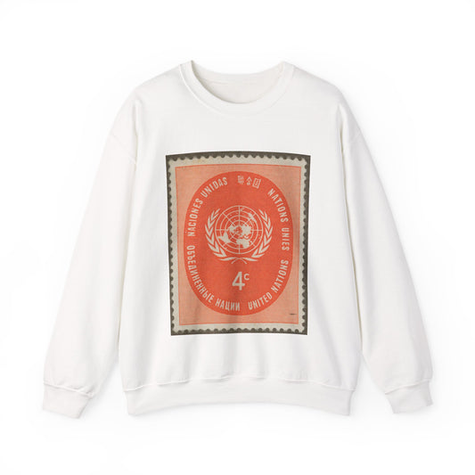 Frimärke ur Gösta Bodmans filatelistiska motivsamling, påbörjad 1950.Frimärke från Nations Unies 1958. Motiv av F. N.- märket. White Heavy Blend Adult Crew Neck SweatShirt