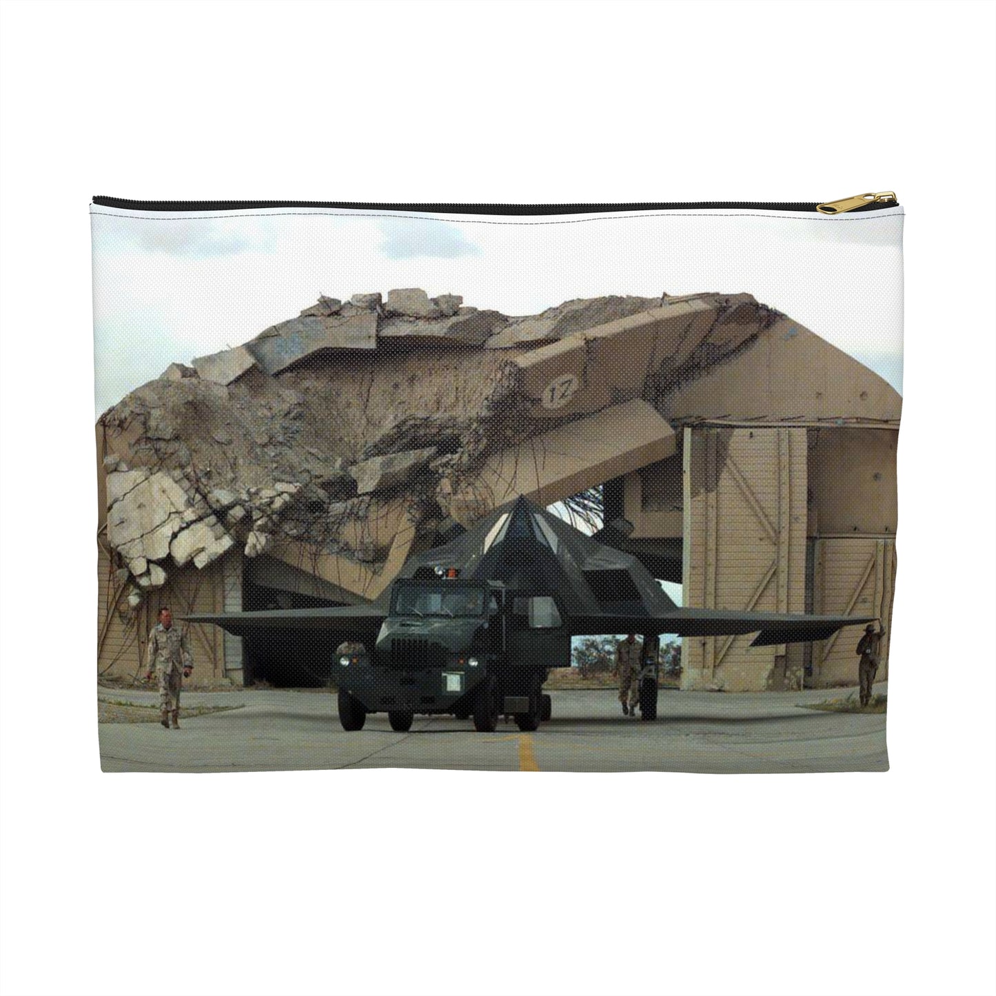 F-117A is towed in front of a destroyed aircraft shelter, Ahmed Al-Jaber Air Base, Kuwait, March 8, 1998 Large Organizer Pouch with Black Zipper