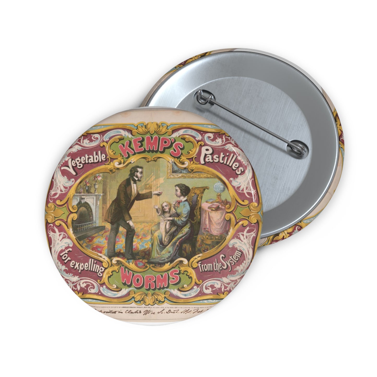 Kemp's vegetable pastilles for expelling worms from the system / lith. of Snyder, Black & Sturn 92 William St. New York. Pin Buttons with Crisp Design