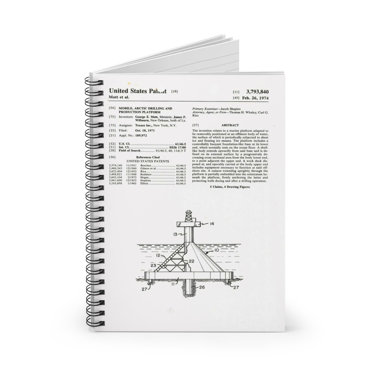 Patent Case File No. 3,793,840, Mobile Arctic Drilling and Production Platform, Inventor(s)- George E. Mott and James P. Wilbourn. - DPLA - 8f260bf2cd8926afbf4da017454f39b3 (page 6) Spiral Bound Ruled Notebook with Printed Cover