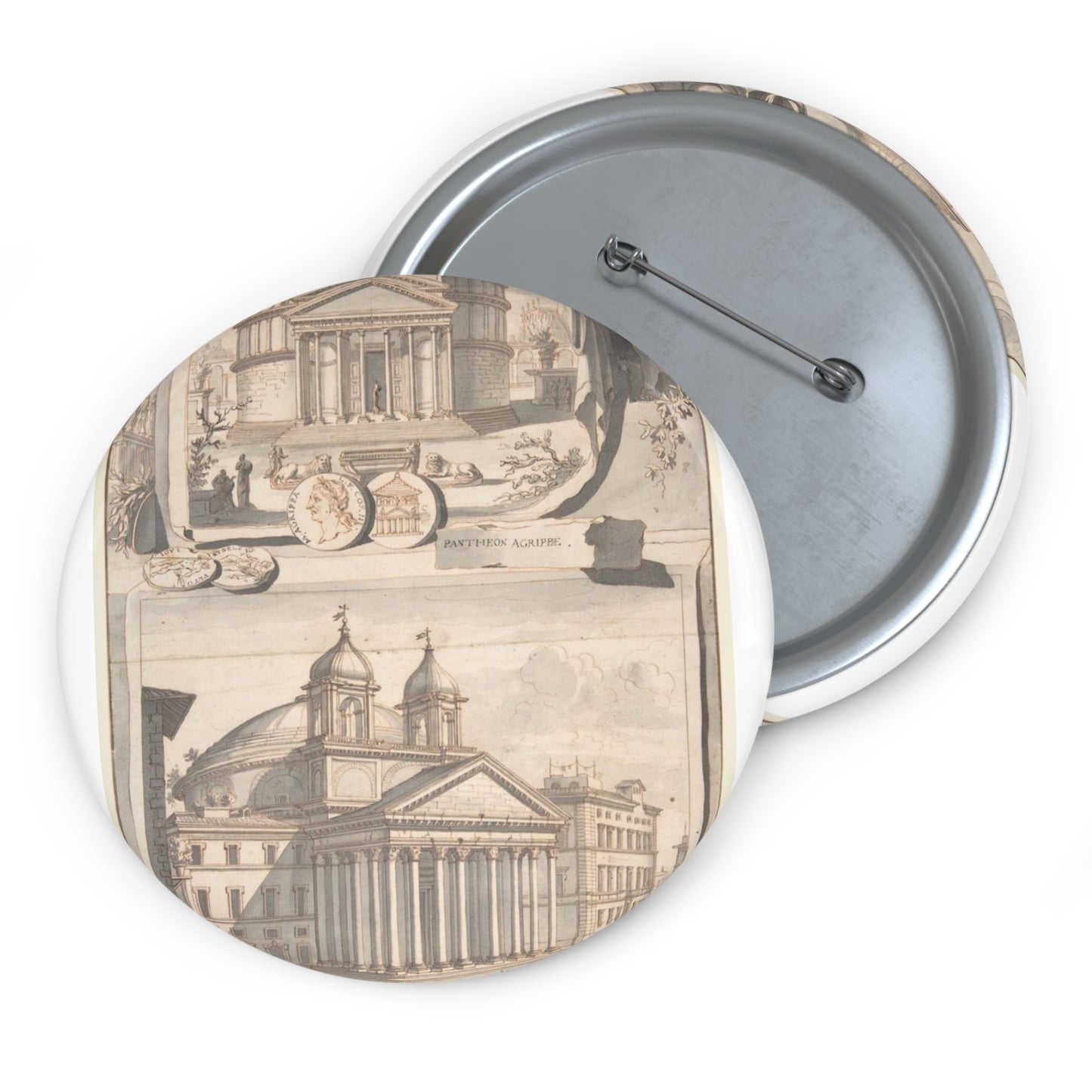 A Reconstuction of the Pantheon (above) and a View of its Appearance Around 1700 (below) Pin Buttons with Crisp Design