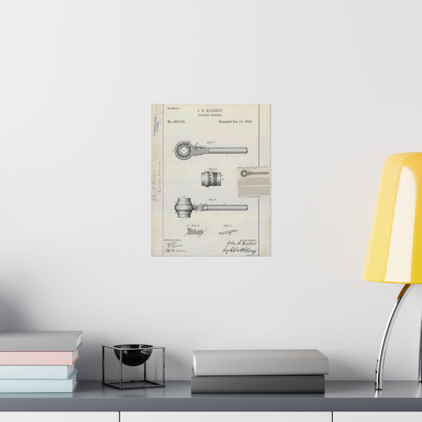 Patent Drawing of Engine - for J. B. Halbert's Ratchet Wrench Public domain  image High Quality Matte Wall Art Poster for Home, Office, Classroom