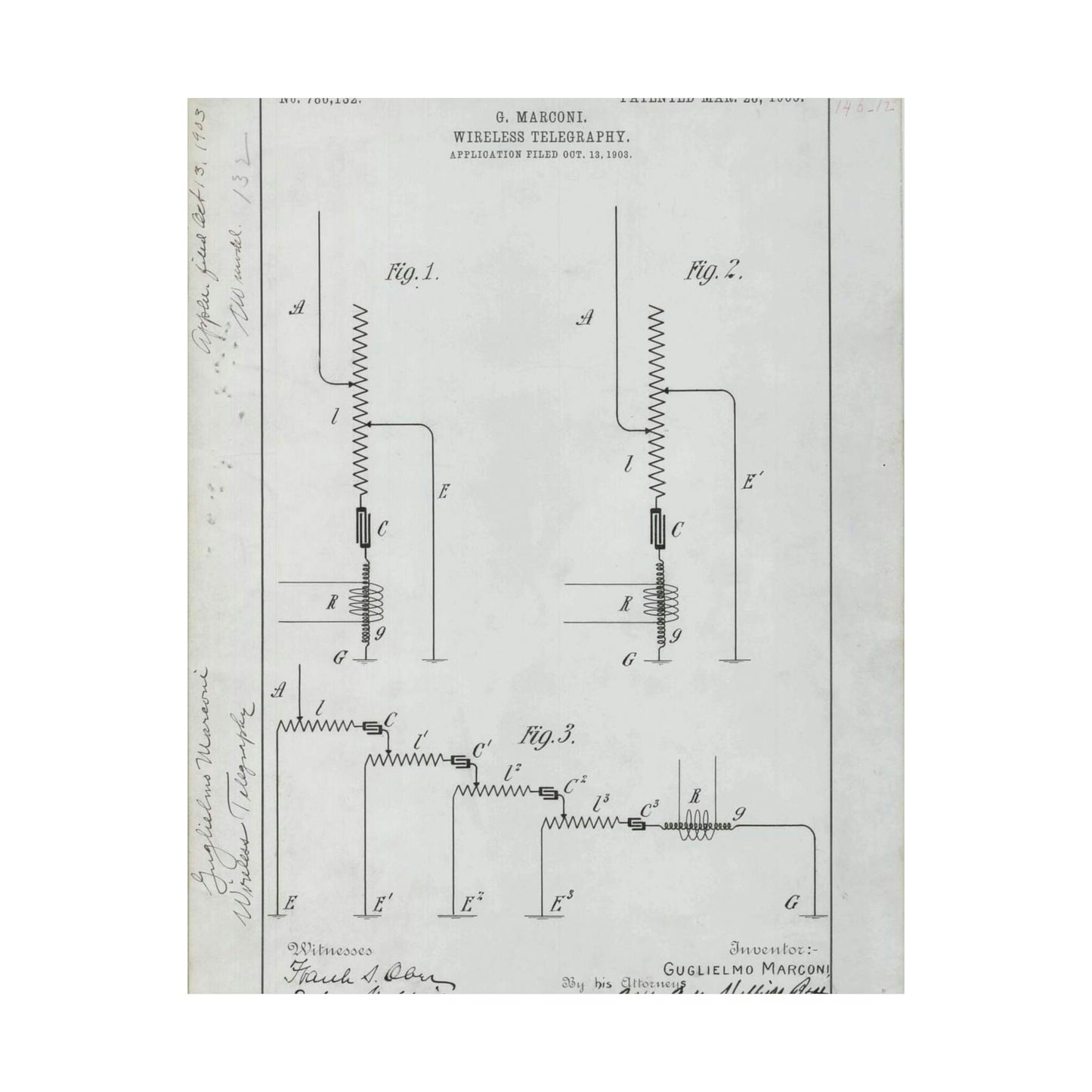 Patent drawing - for G. Marconi's Wireless Telegraphy Public domain  image High Quality Matte Wall Art Poster for Home, Office, Classroom