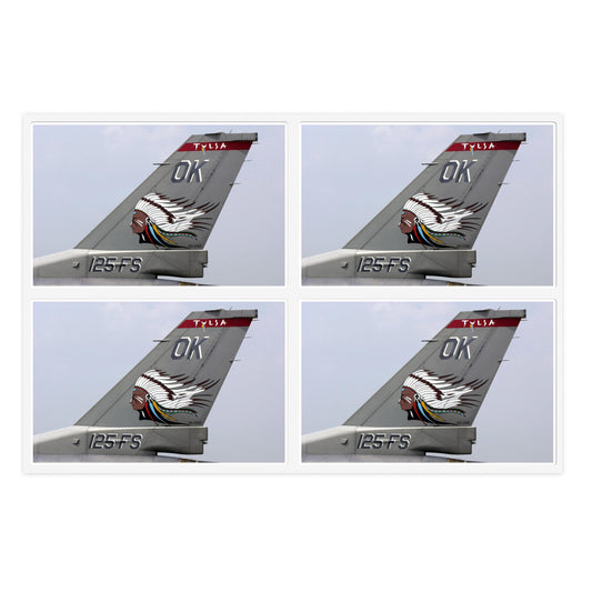 The tail flash of a F-16 Fighting Falcon aircraft from the 125th Fighter Squadron (FS), 138th Fighter Wing (FW), Oklahoma (OK), Air National Guard (ANG) Laminated UV Protective Vinyl Stickers