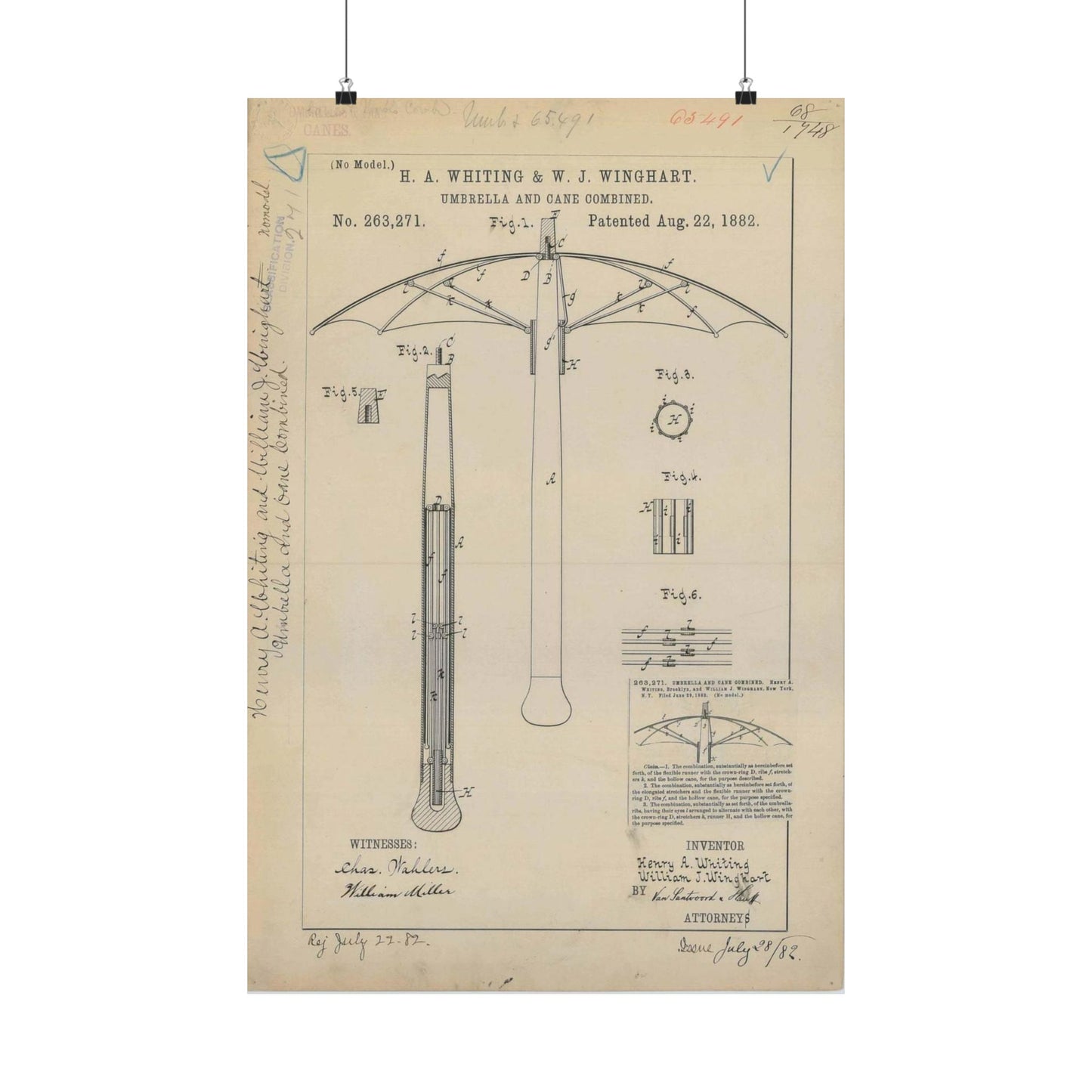 Patent drawing - for H. A. Whiting and W. J. Winghart's Umbrella and Cane Combined Public domain  image High Quality Matte Wall Art Poster for Home, Office, Classroom