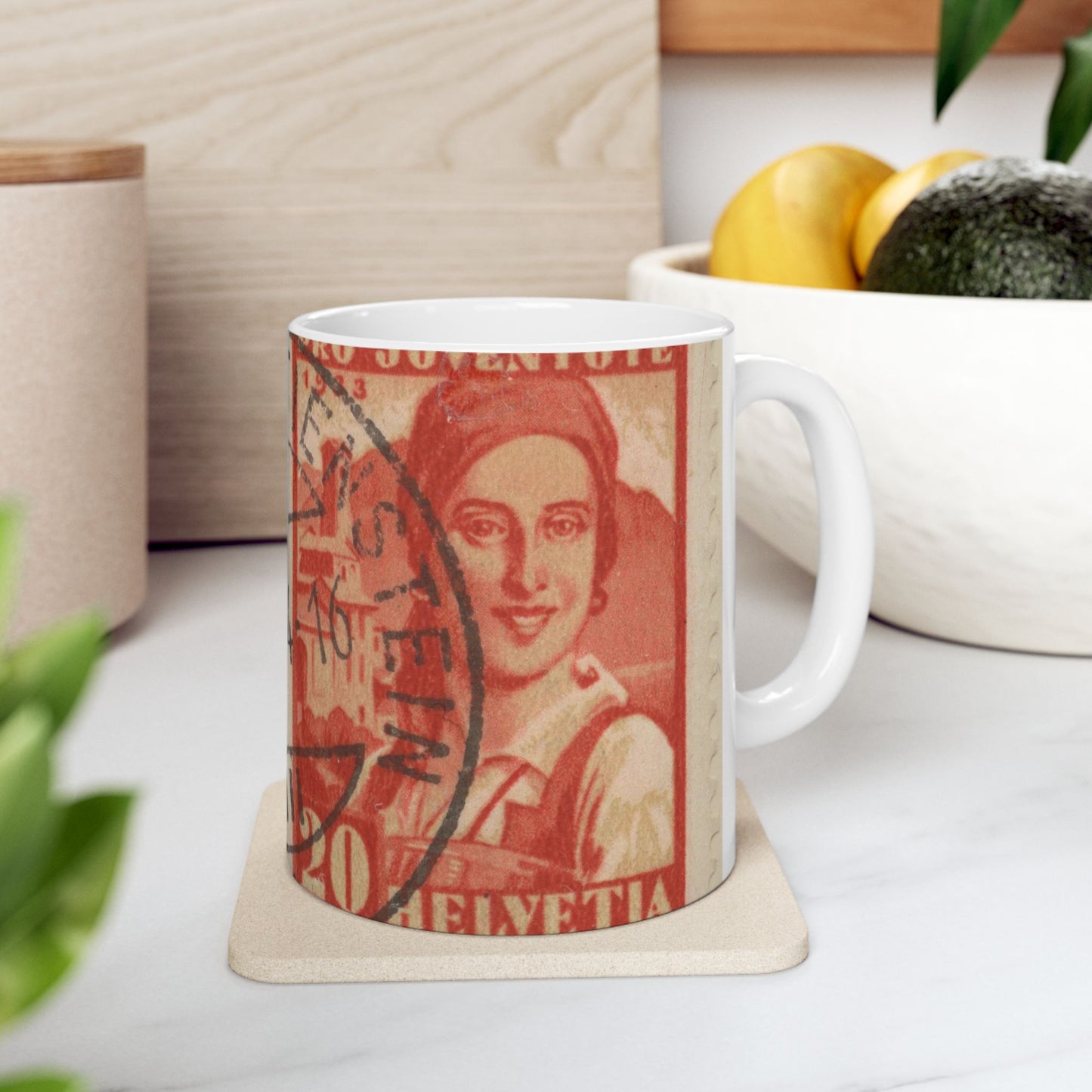 Frimärke ur Gösta Bodmans filatelistiska motivsamling, påbörjad 1950.Frimärke från Schweiz, 1933. Motiv av kvinnodräkt, Tessin. Beautiful Novelty Ceramic Coffee Mug 11oz