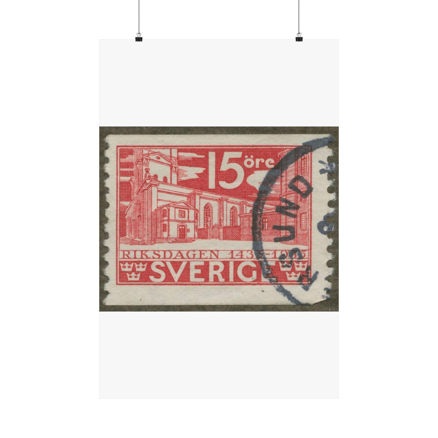 Frimärke ur Gösta Bodmans filatelistiska motivsamling, påbörjad 1950.Frimärke från Sverige. Motiv av Storkyrkan i Stockholm. "Den svenska riksdagen 500 år 1435-1935". High Quality Matte Wall Art Poster for Home, Office, Classroom