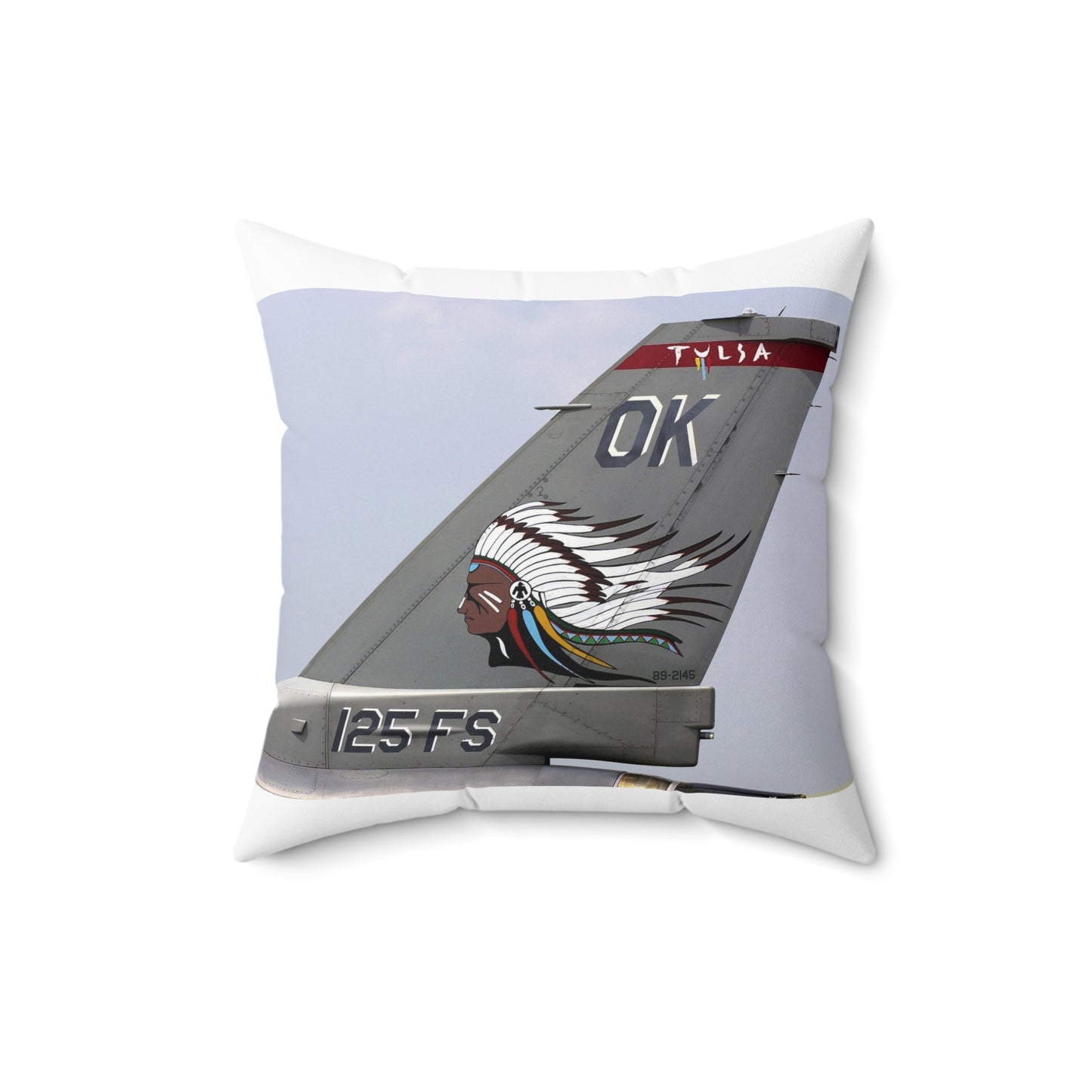 The tail flash of a F-16 Fighting Falcon aircraft from the 125th Fighter Squadron (FS), 138th Fighter Wing (FW), Oklahoma (OK), Air National Guard (ANG) Decorative Accent Square Pillow