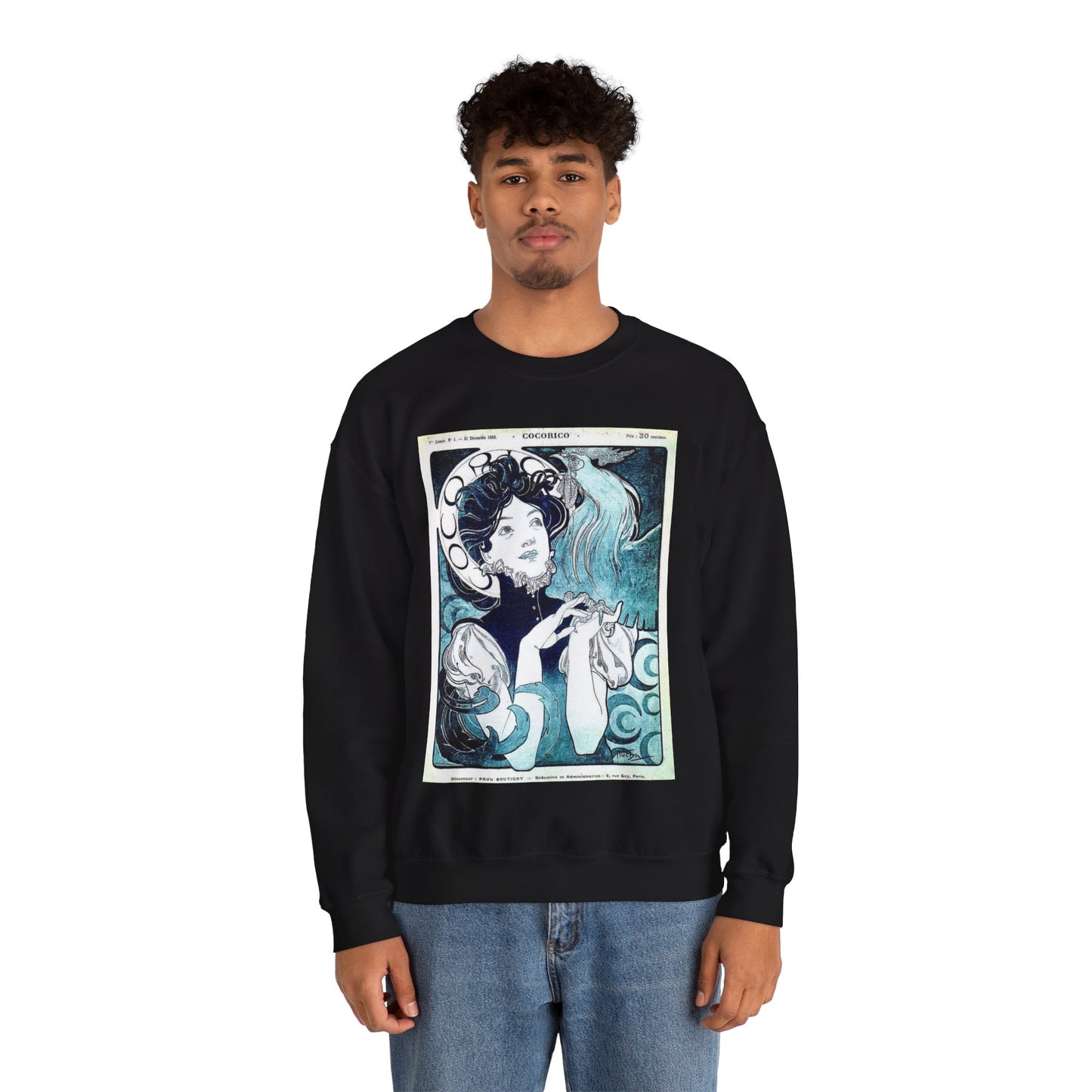 Cocorico 1 du 31 décembre 1898 - Alfons Mucha Black Heavy Blend Adult Crew Neck SweatShirt