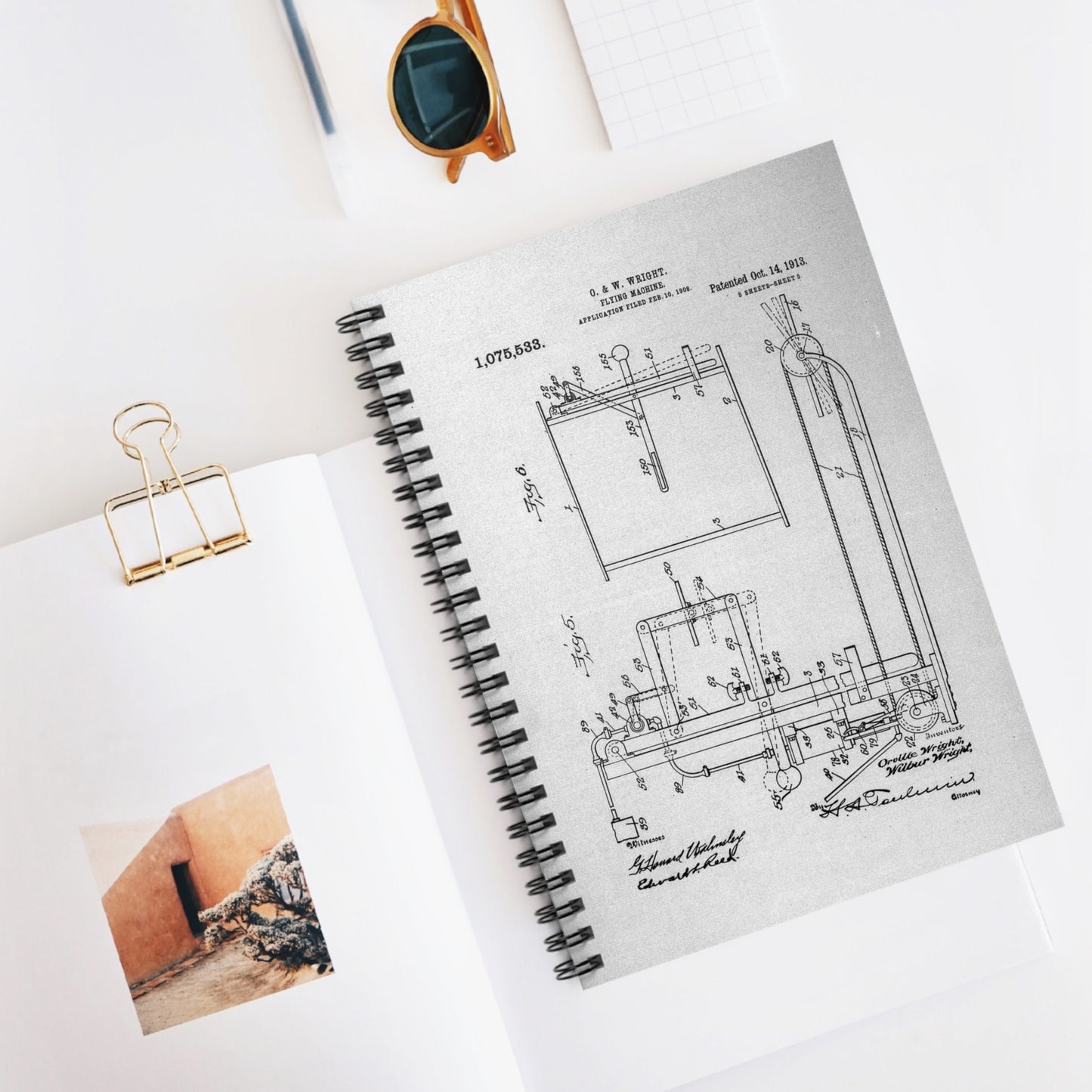 Patent drawing - Subject File: Patents--By Wright Brothers--USA--filed 10 February 1908, patented 14 October 1913 Public domain  image Spiral Bound Ruled Notebook with Printed Cover