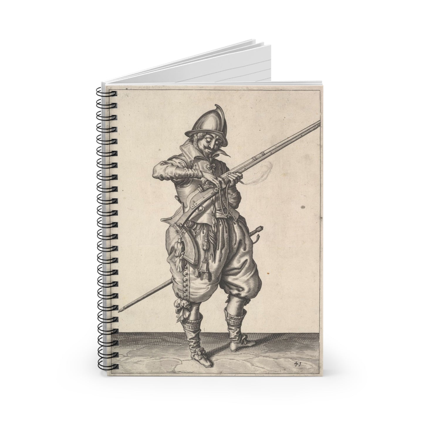 A soldier on guard shaping the match between his thumb and his forefinger, from the Marksmen series, plate 41, in Wapenhandelinghe van Roers Musquetten Ende Spiessen (The Exercise of Arms) Spiral Bound Ruled Notebook with Printed Cover