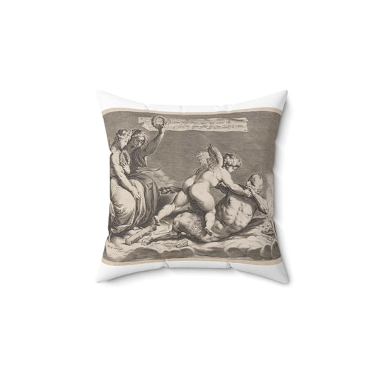 Cupid wrestling with Pan, amongst the clouds, with two allegorical women seated at left Decorative Accent Square Pillow