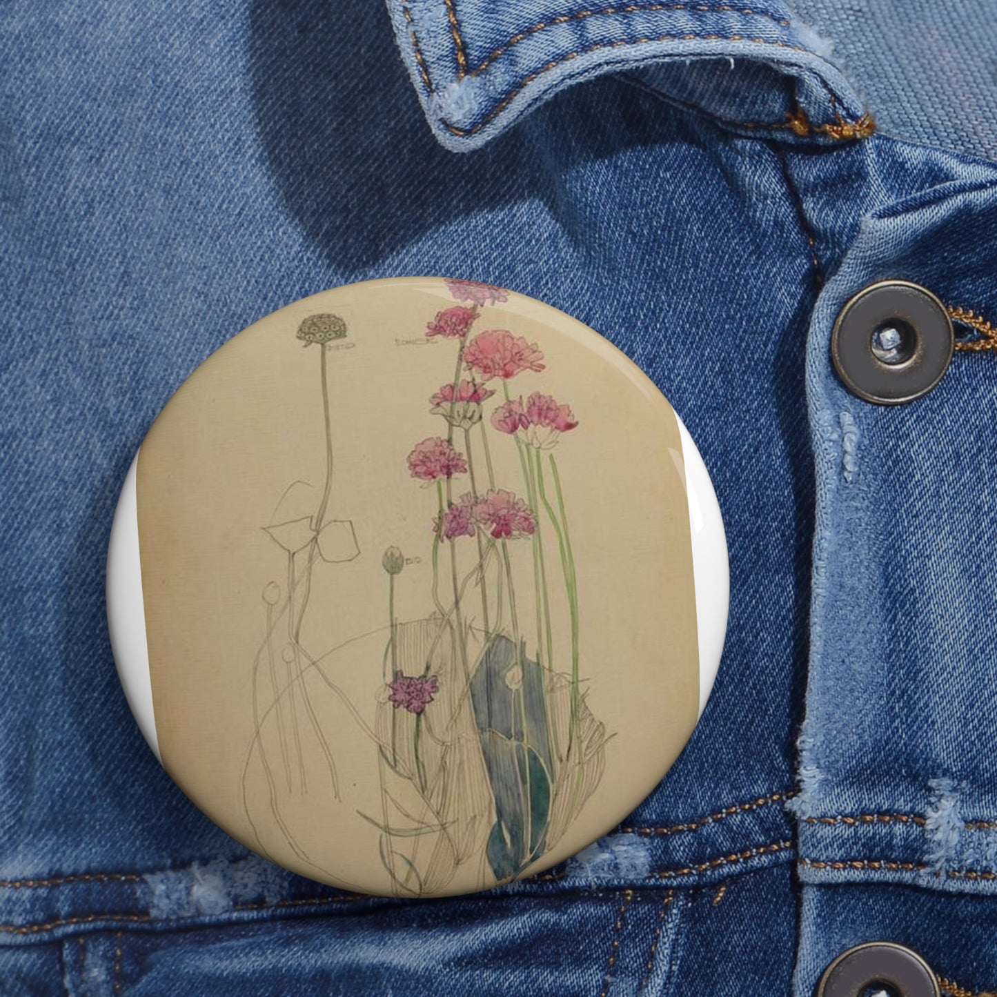 Sea Pink - Holy Island - Charles Rennie Mackintosh - 1901 Pin Buttons with Crisp Design