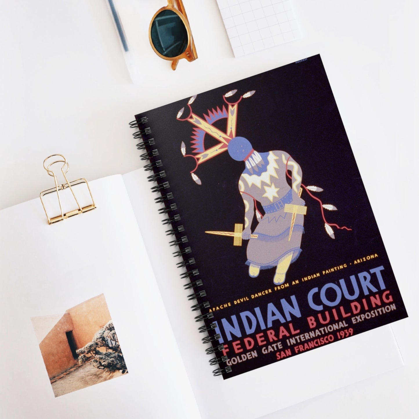 Indian court, Federal Building, Golden Gate International Exposition, San Francisco, 1939 Apache devil dancer from an Indian painting, Arizona / / Siegriest. Spiral Bound Ruled Notebook with Printed Cover