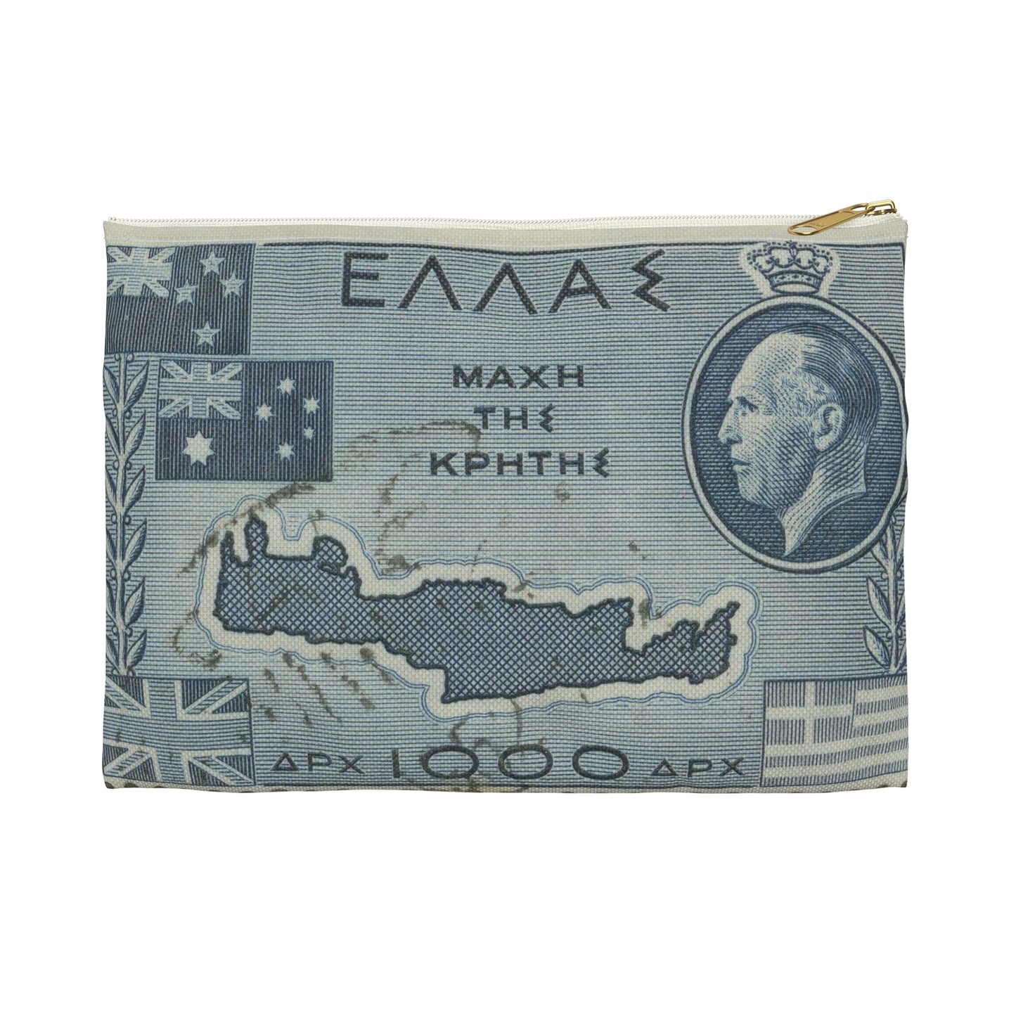 Frimärke ur Gösta Bodmans filatelistiska motivsamling, påbörjad 1950.Frimärke från Grekland, 1950. Motiv av karta över Kreta. "9-årsminne av slaget vid Kreta 1941". Large Organizer Pouch with Black Zipper