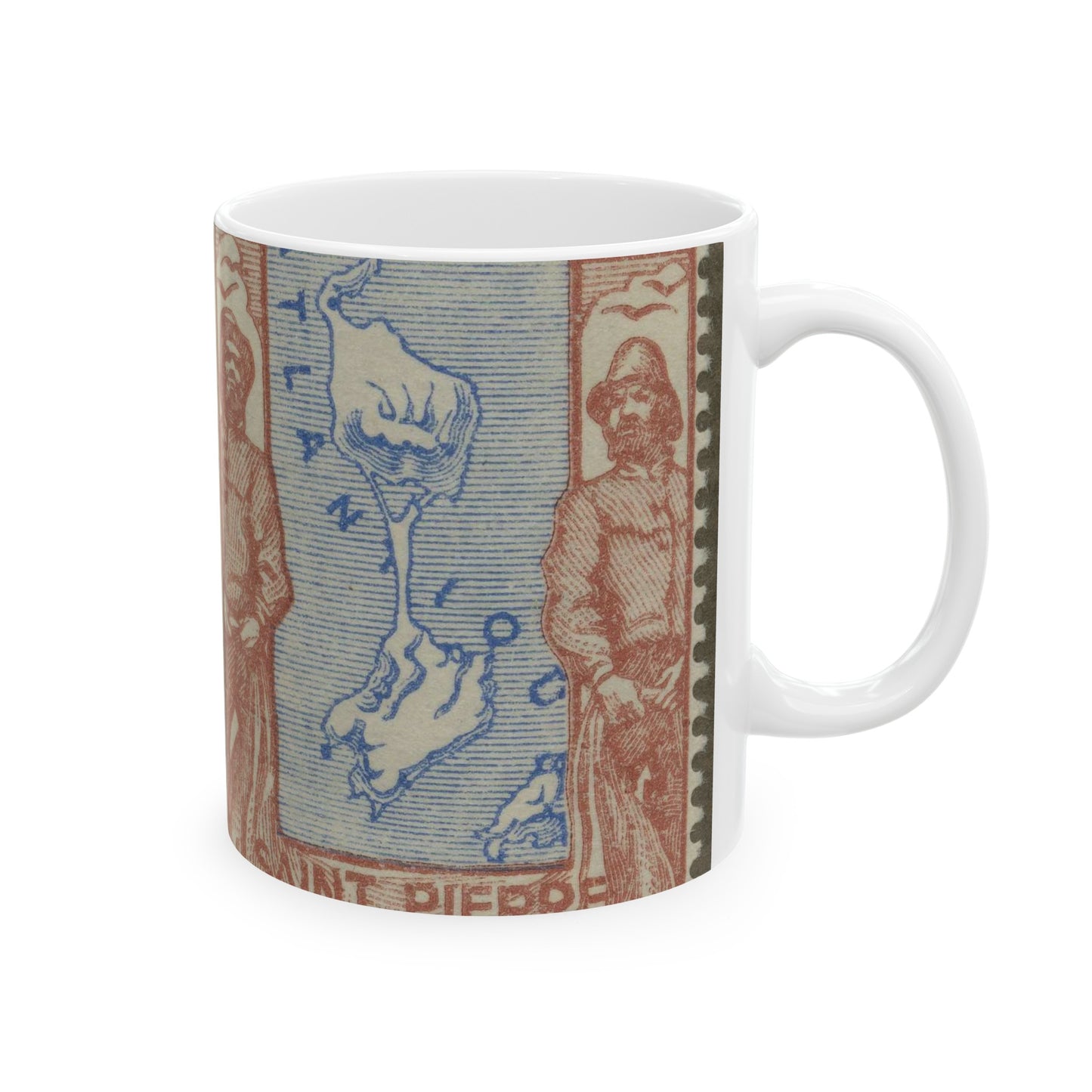 Frimärke ur Gösta Bodmans filatelistiska motivsamling, påbörjad 1950.Frimärke från Saint Pierre et Miquelon 1932. Motiv av karta över Saint Pierre et Miquelon. Fiskare med nät. Beautiful Novelty Ceramic Coffee Mug 11oz