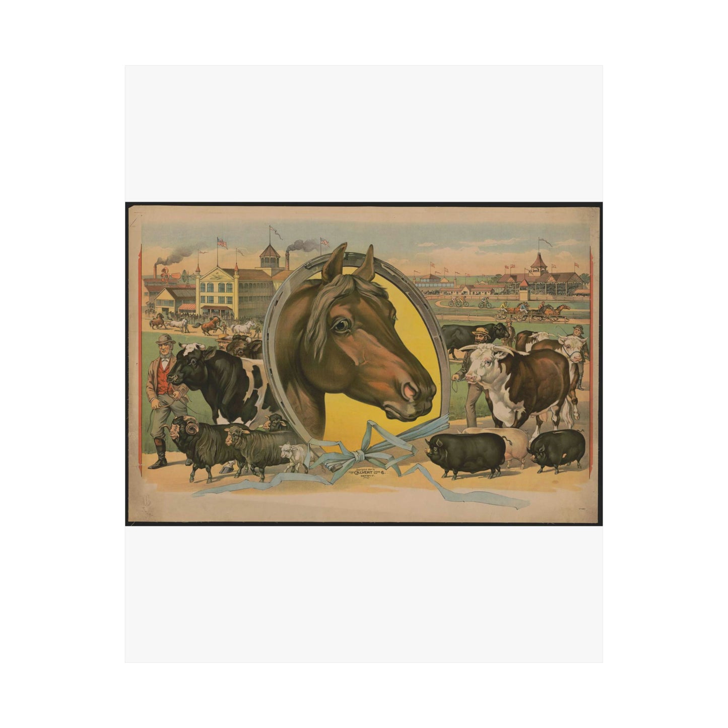 Horse framed by a horseshoe with fair buildings and a racetrack in the background High Quality Matte Wall Art Poster for Home, Office, Classroom