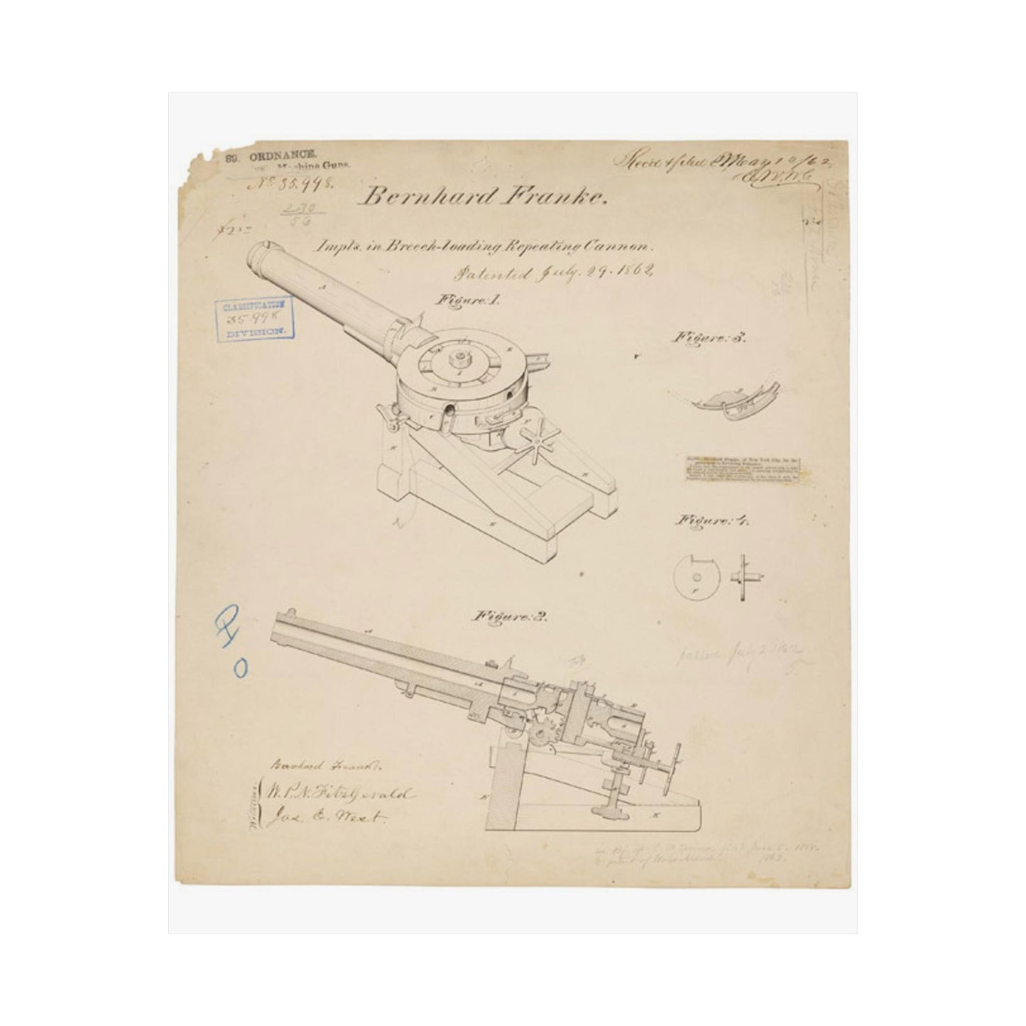 Patent drawing - Drawing of Improvements in Breech-Loading Repeating Cannon Public domain  image High Quality Matte Wall Art Poster for Home, Office, Classroom