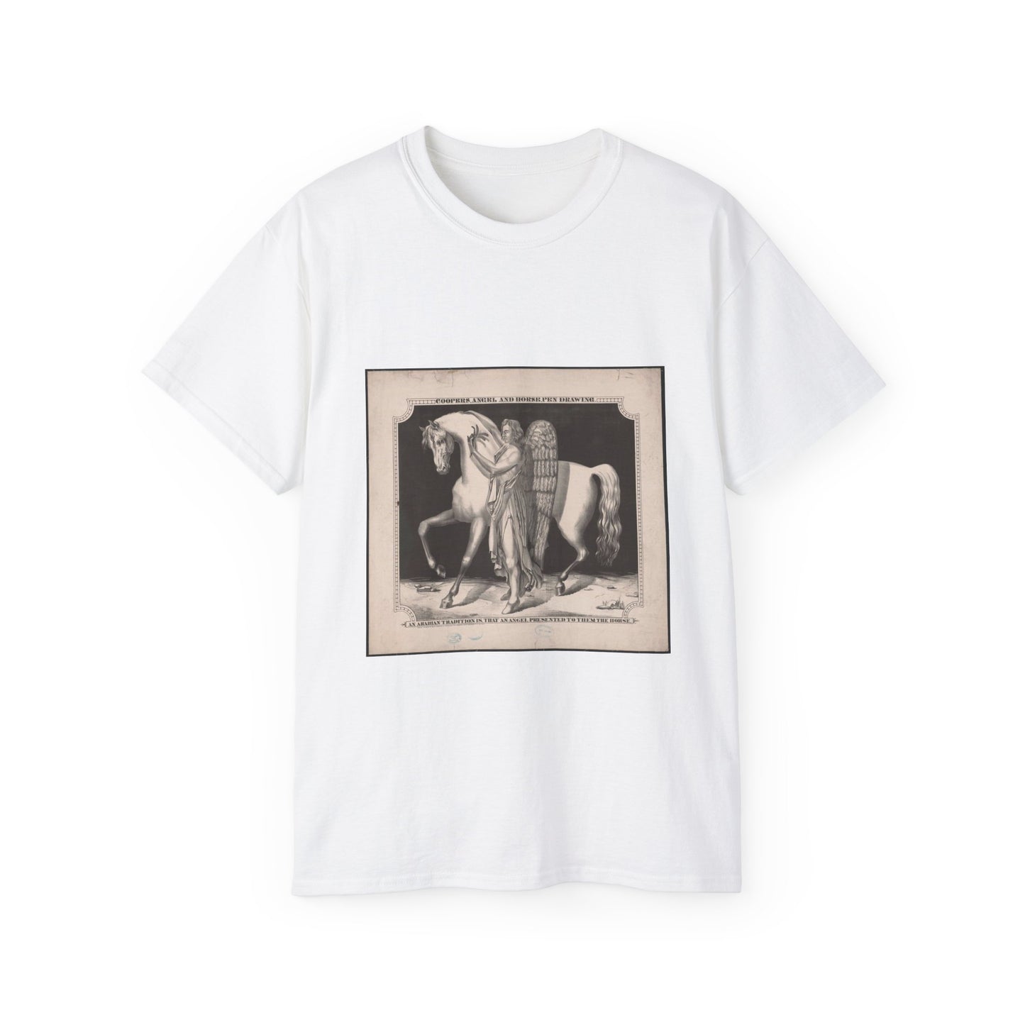 Coopers, angel and horse, pen drawing. An Arabian tradition is that an angel presented to them the horse White T-Shirt Gildan 2000 Cotton Unisex