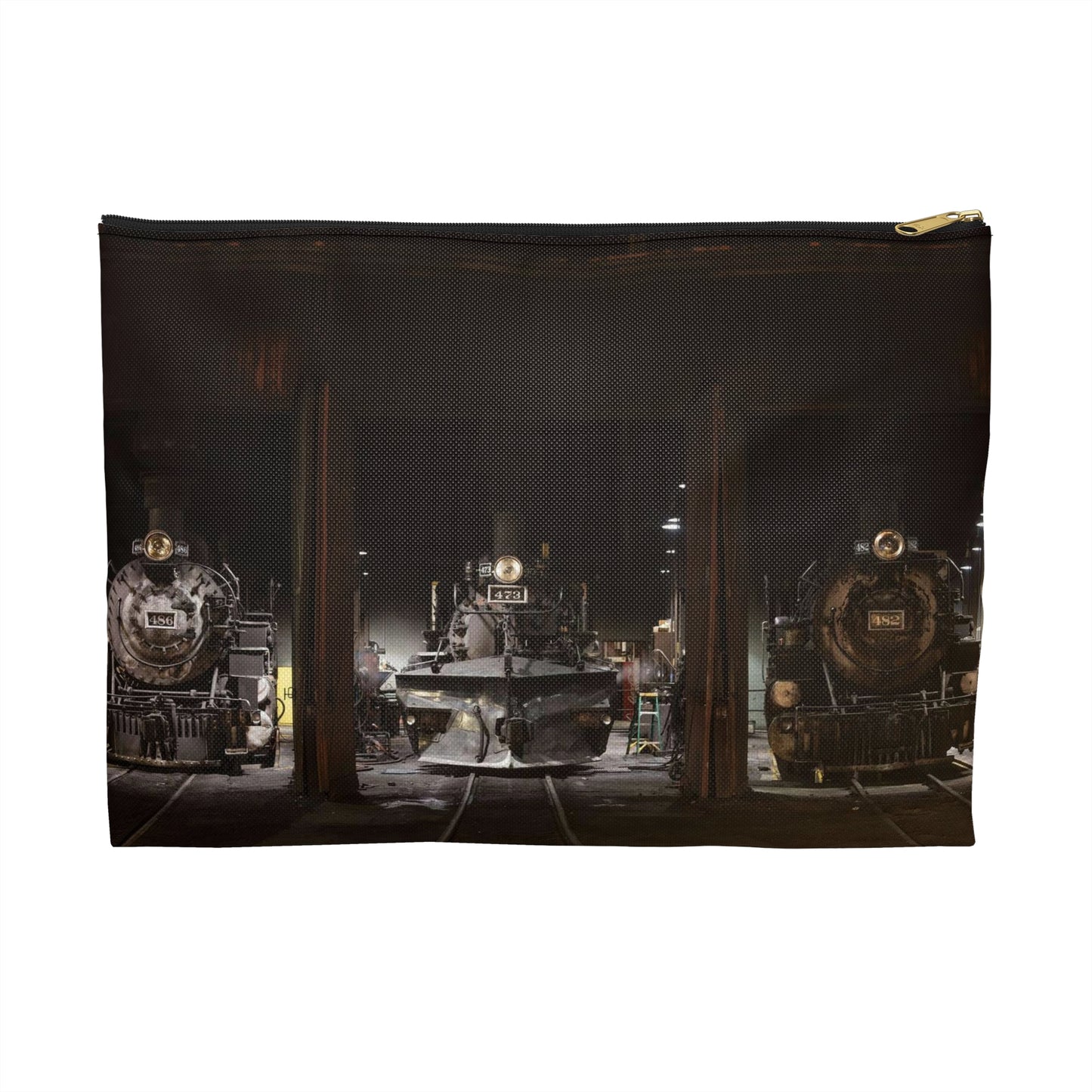 Steam locomotives in the roundhouse of the Durango & Silverton Narrow Gauge Scenic Railroad in Durango, Colorado Large Organizer Pouch with Black Zipper