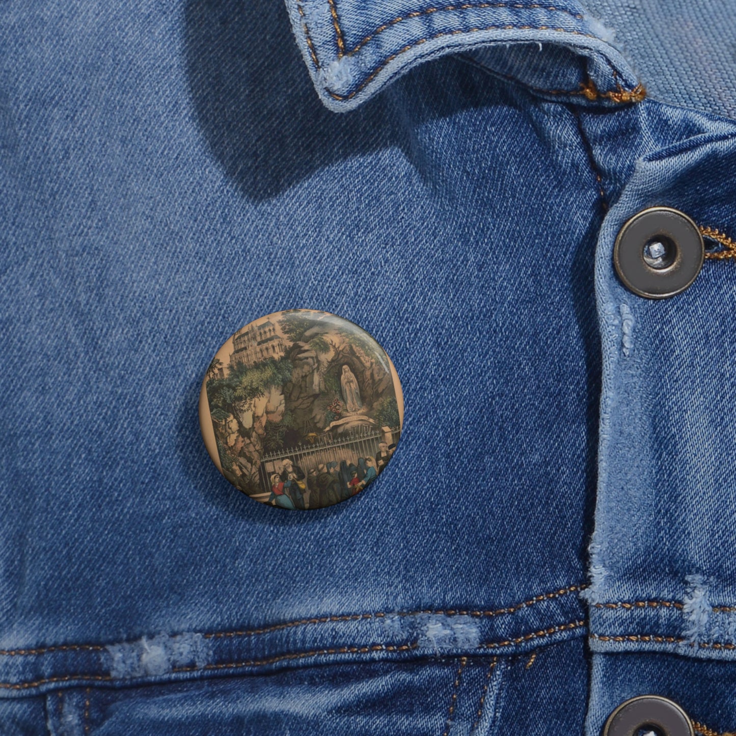 Pilgrims at the Shrine of Our Lady of Lourdes Pin Buttons with Crisp Design