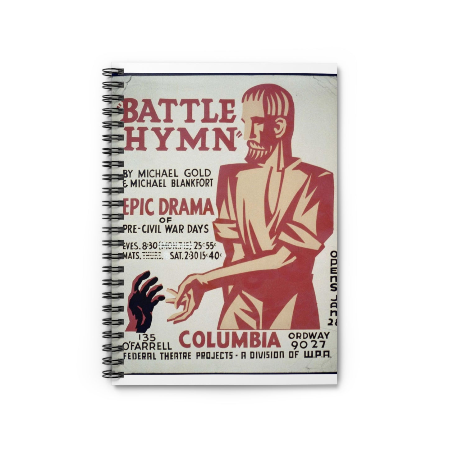 "Battle hymn" by Michael Gold & Michael Blankfort epic drama of pre-civil war days. Spiral Bound Ruled Notebook with Printed Cover