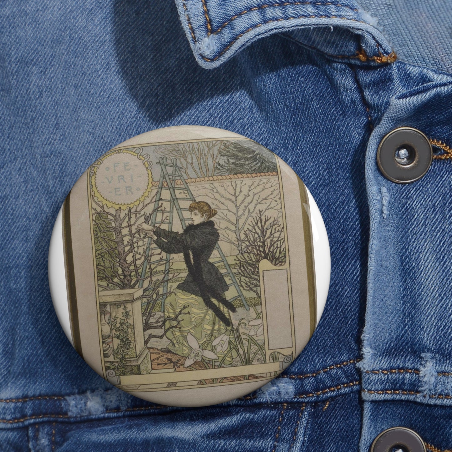 Eugène Samuel Grasset  - Février Pin Buttons with Crisp Design