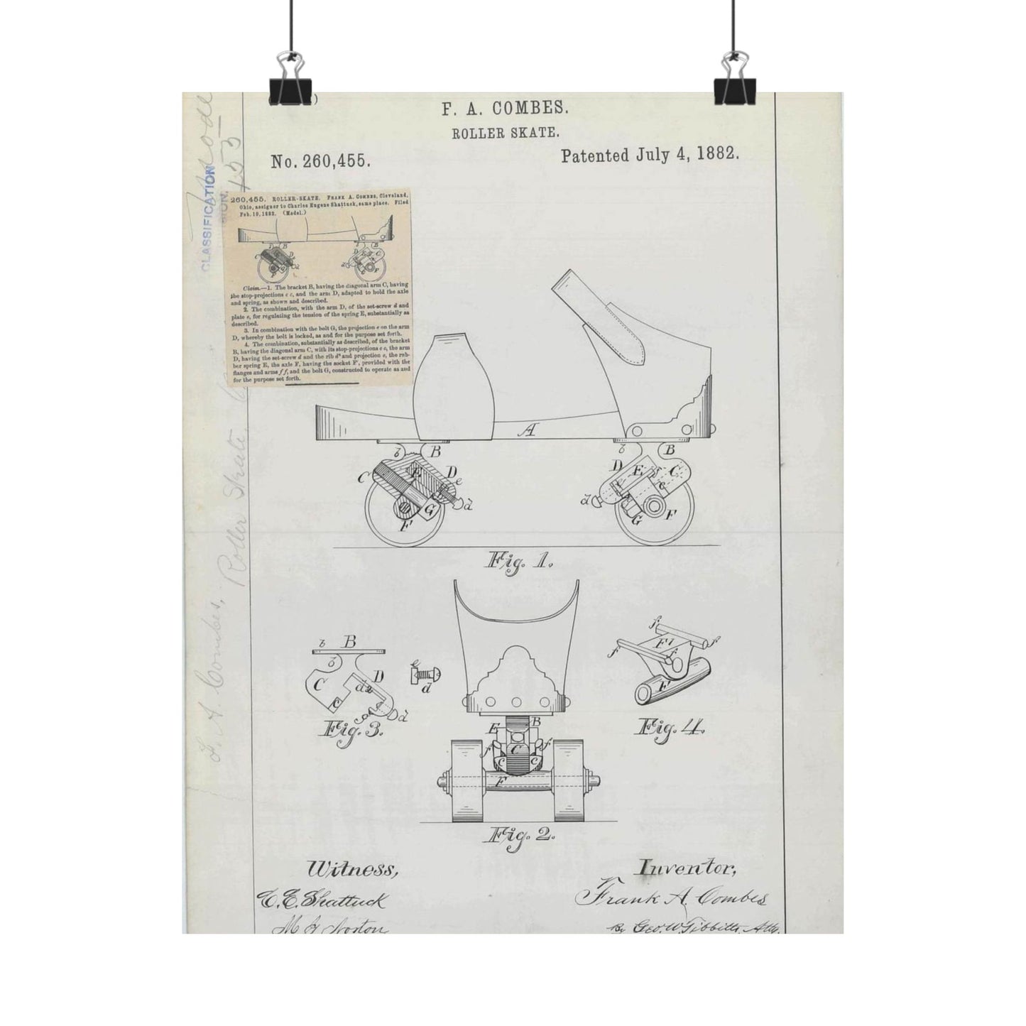 Patent drawing - for F. A. Combes' Roller Skate Public domain  image High Quality Matte Wall Art Poster for Home, Office, Classroom