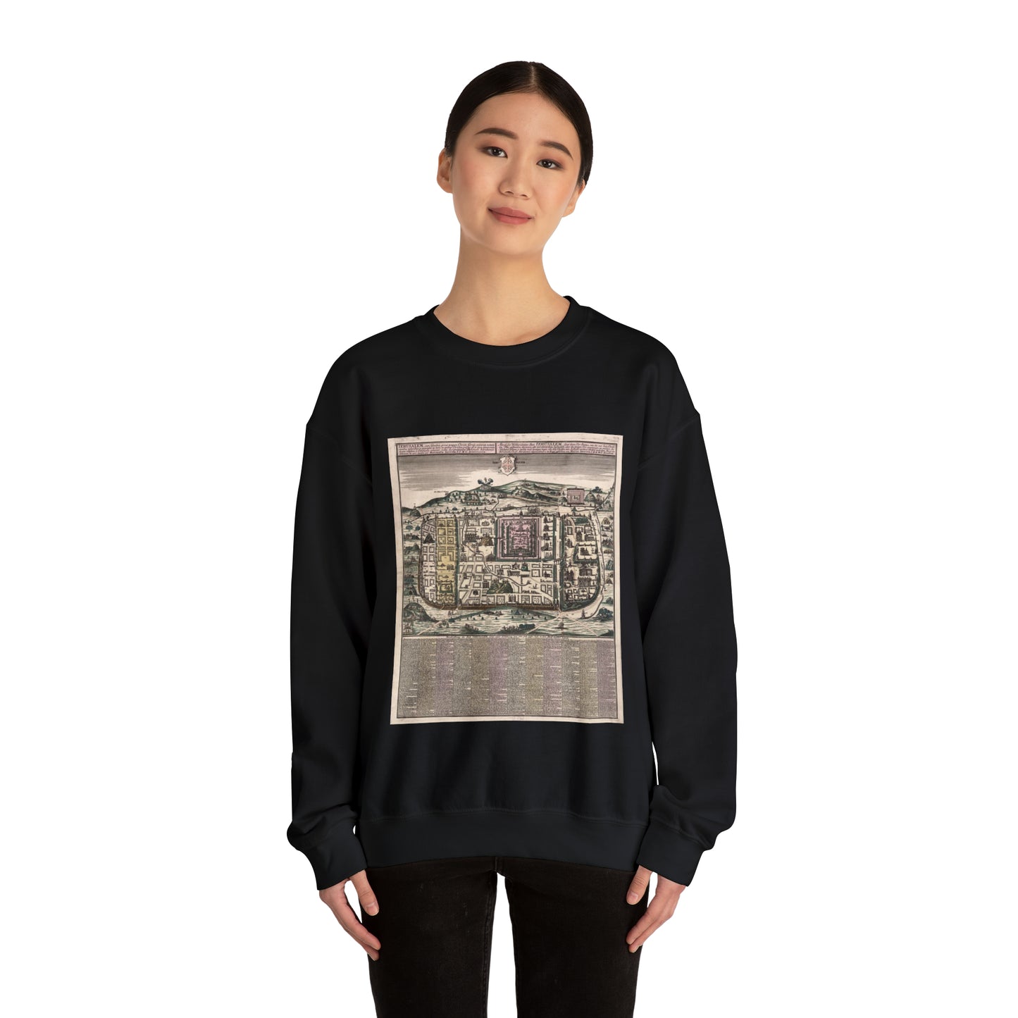 Ierusalem, cum suburbiis, prout tempore Christi floruit, accurate notatis omnibus insignibus et praecipuè iis locis... / Black Heavy Blend Adult Crew Neck SweatShirt