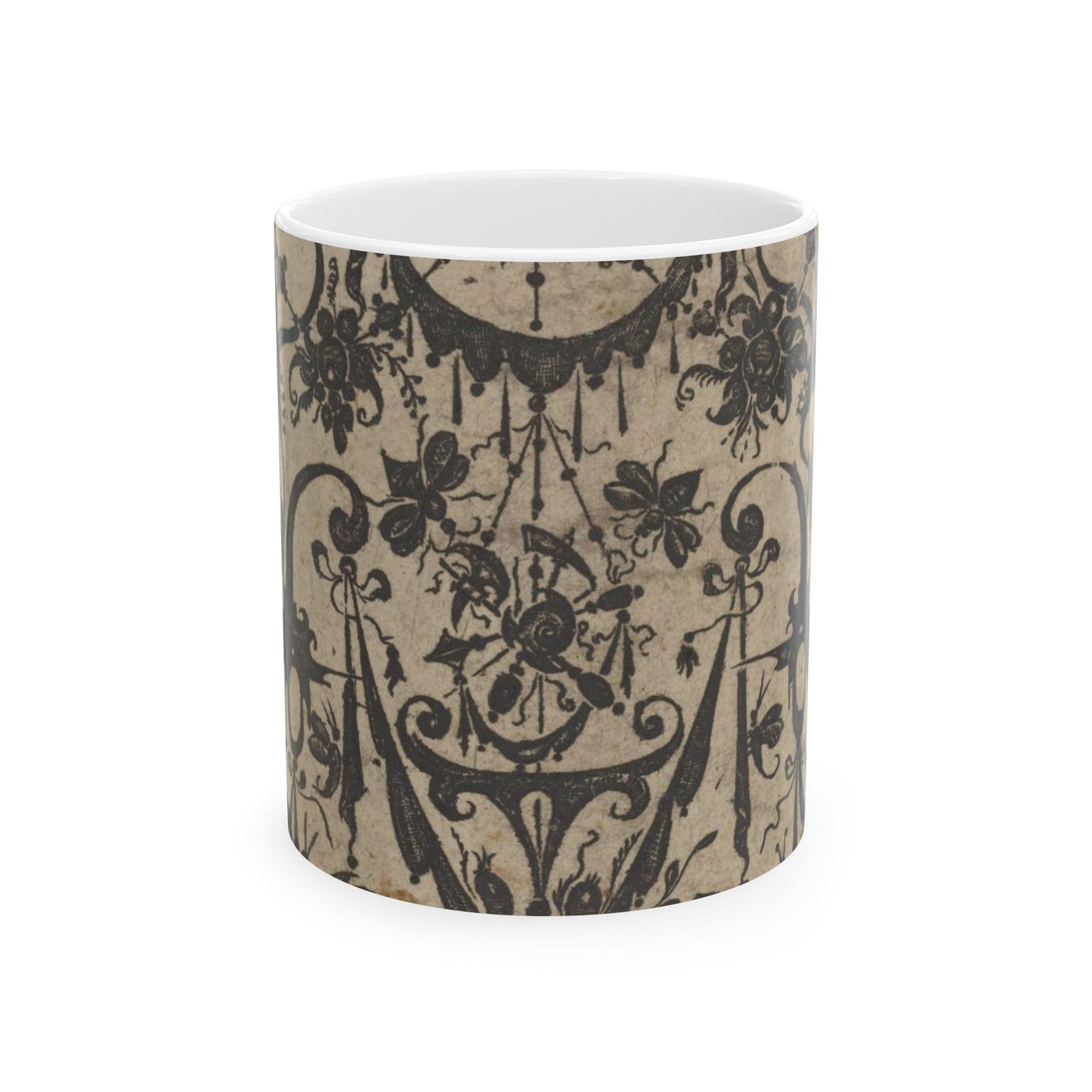 Blackwork Print with a Trophy at Center Surrounded by Grotesques and Swag Drapery Beautiful Novelty Ceramic Coffee Mug 11oz