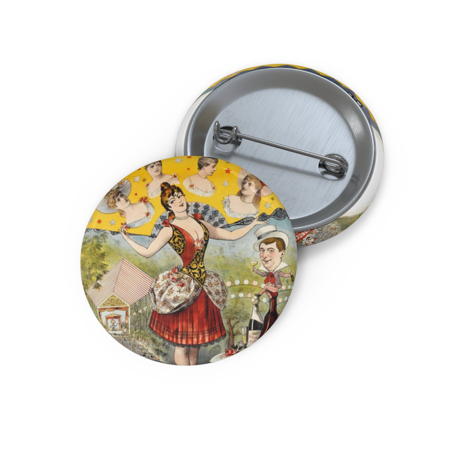 HORLOGE/ CHAMPS-ELYSEES/ SEUL. CONCERT. D'ETE/ COUVERT EN CAS DE PLUIE/ CHAMPS-ELYSEES/ TOUS LES SOIRS A 8H./ MATINEES/ Dimanches & Fêtes Pin Buttons with Crisp Design