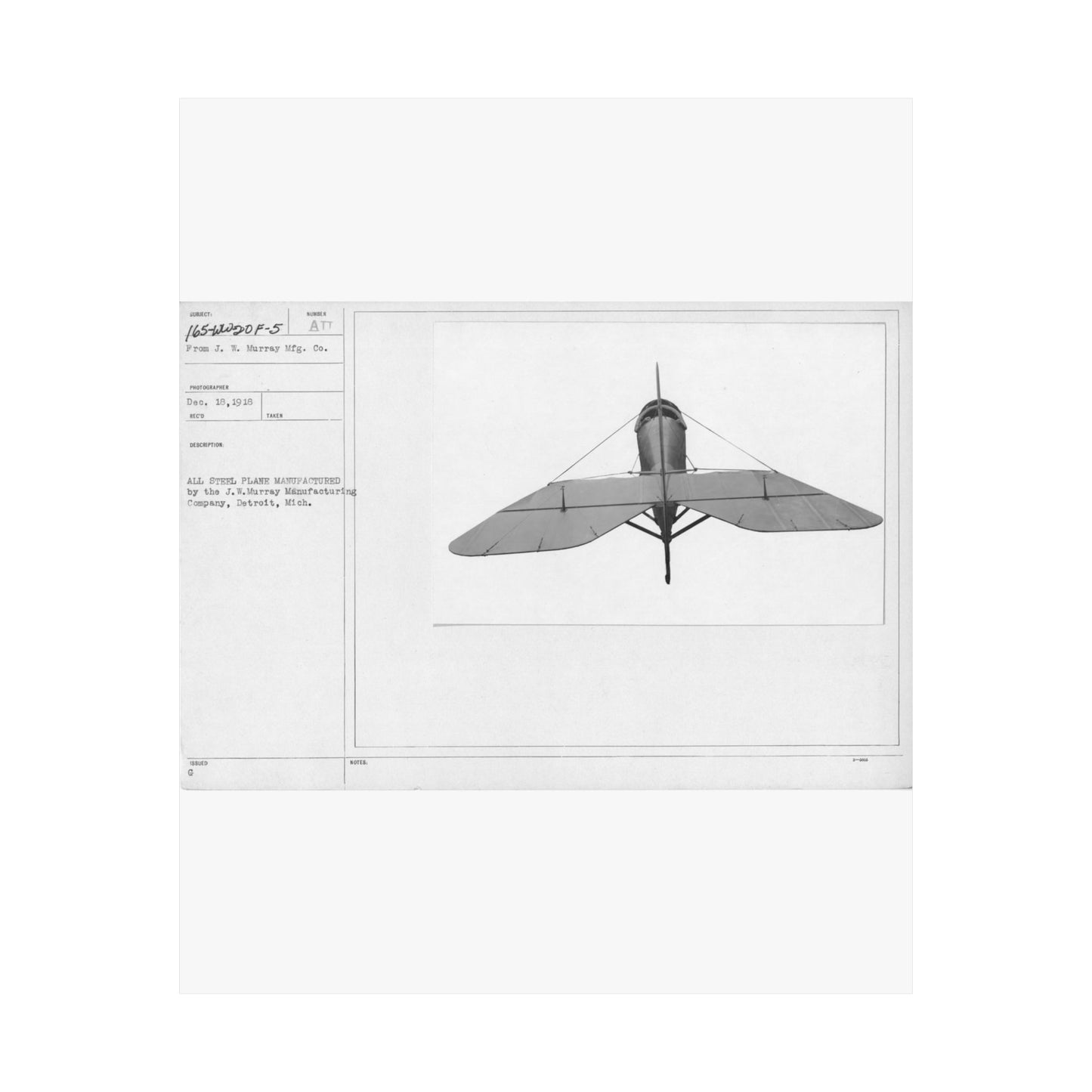 Patent drawing - Airplanes - Types - All steel manufactured by the J.W. Murray Manufacturing Company, Detroit, Michigan Public domain  image High Quality Matte Wall Art Poster for Home, Office, Classroom