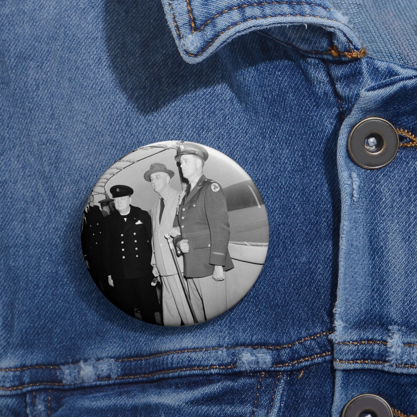 Winston Churchill with Franklin D. Roosevelt on board USS Augusta (CA-31) on 9 August 1941 (NH 67201) Pin Buttons with Crisp Design