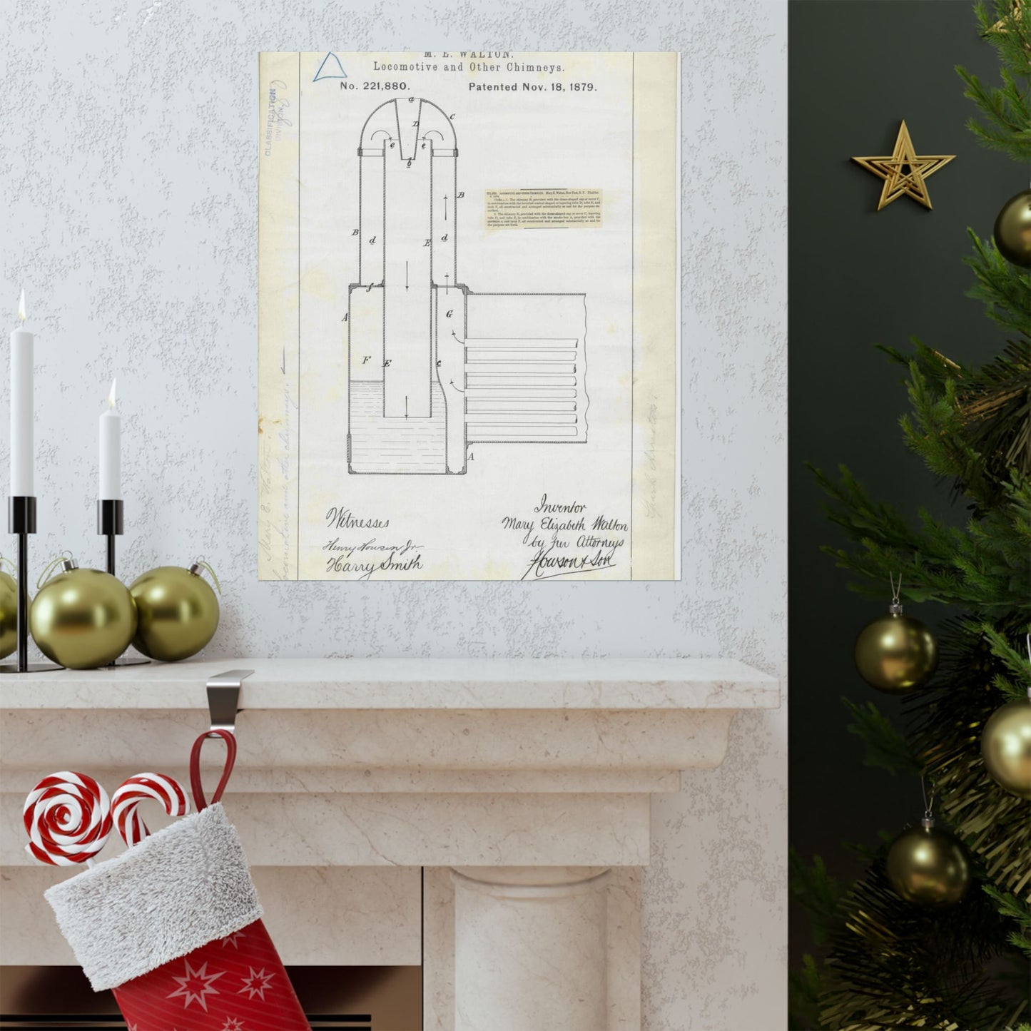Patent Drawing of Engine - for M. E. Walton's Locomotive and Other Chimneys Public domain  image High Quality Matte Wall Art Poster for Home, Office, Classroom