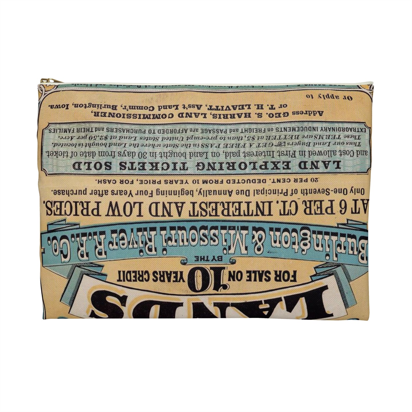Millions of acres. Iowa and Nebraska. Land for sale on 10 years credit by the Burlington & Missouri River R. R. Co. at 6 per ct interest and low prices ... Buffalo. N. Y. Commercial advertiser printing house [1872]. Large Organizer Pouch with Black Zipper