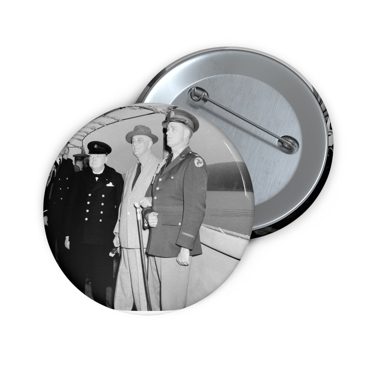 Winston Churchill with Franklin D. Roosevelt on board USS Augusta (CA-31) on 9 August 1941 (NH 67201) Pin Buttons with Crisp Design