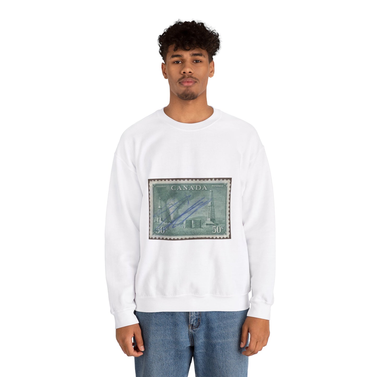 Frimärke ur Gösta Bodmans filatelistiska motivsamling, påbörjad 1950.Frimärke från Canada, 1950. Motiv av petroleumutvinning i Alberta. White Heavy Blend Adult Crew Neck SweatShirt