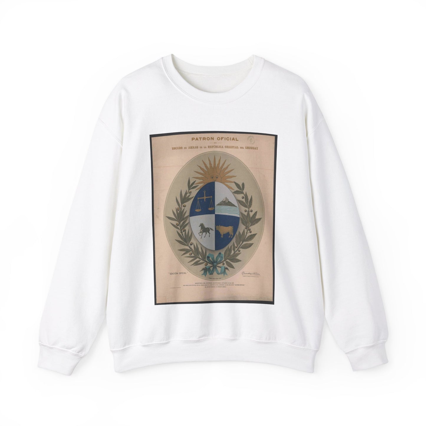 Patron oficial del escudo de armas de la Republica Oriental del Uruguay White Heavy Blend Adult Crew Neck SweatShirt