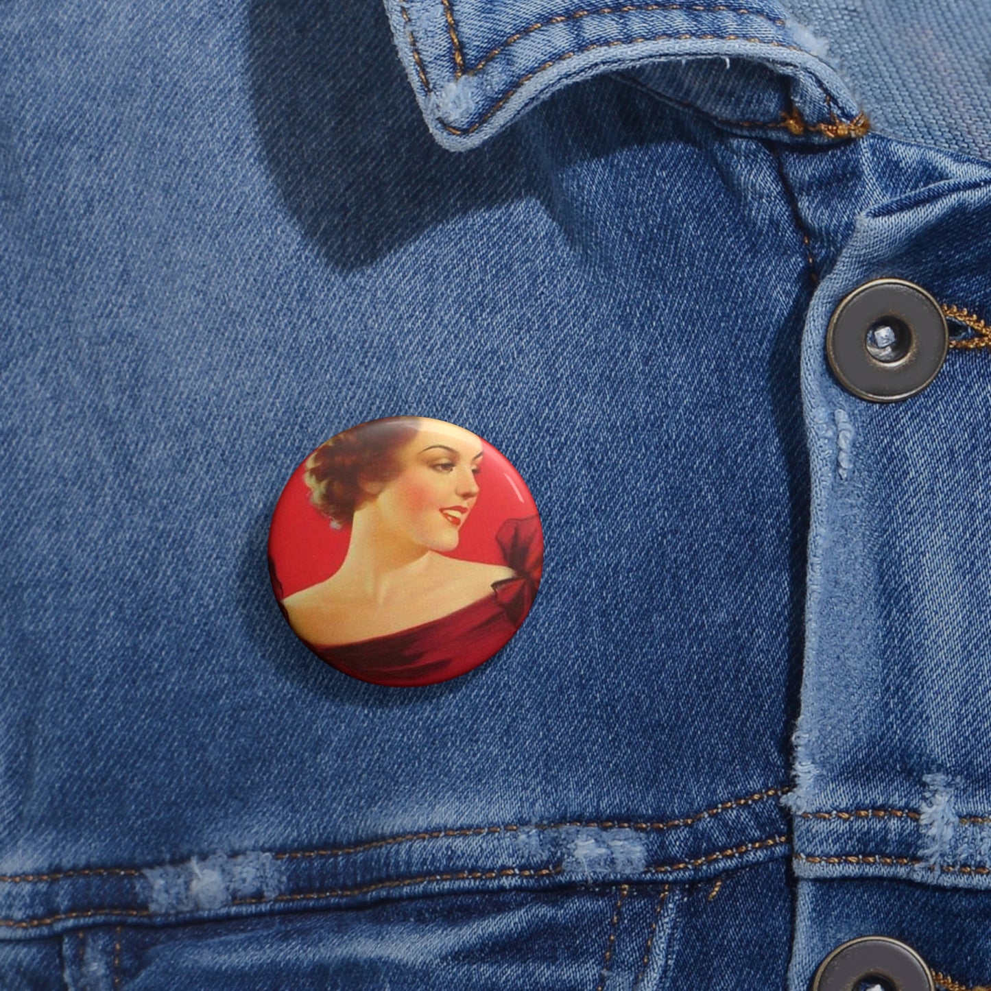 Brunette girl head, red background, painting by Edward Mason Eggleston Pin Buttons with Crisp Design