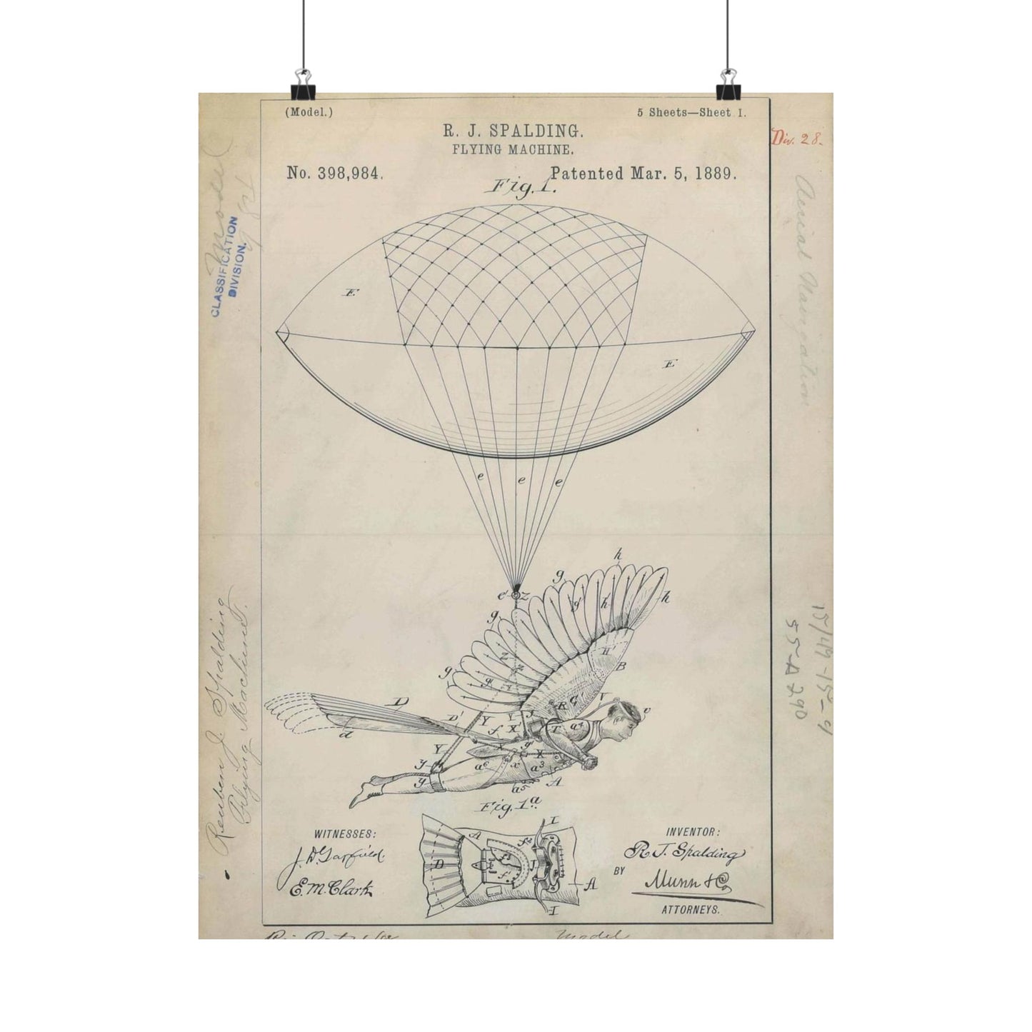 Patent drawing - for R. J. Spalding's Flying Machine Public domain  image High Quality Matte Wall Art Poster for Home, Office, Classroom