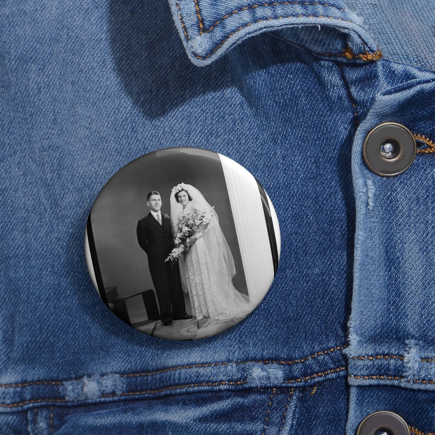 Atkins-Plummer wedding: the bride and groom Pin Buttons with Crisp Design