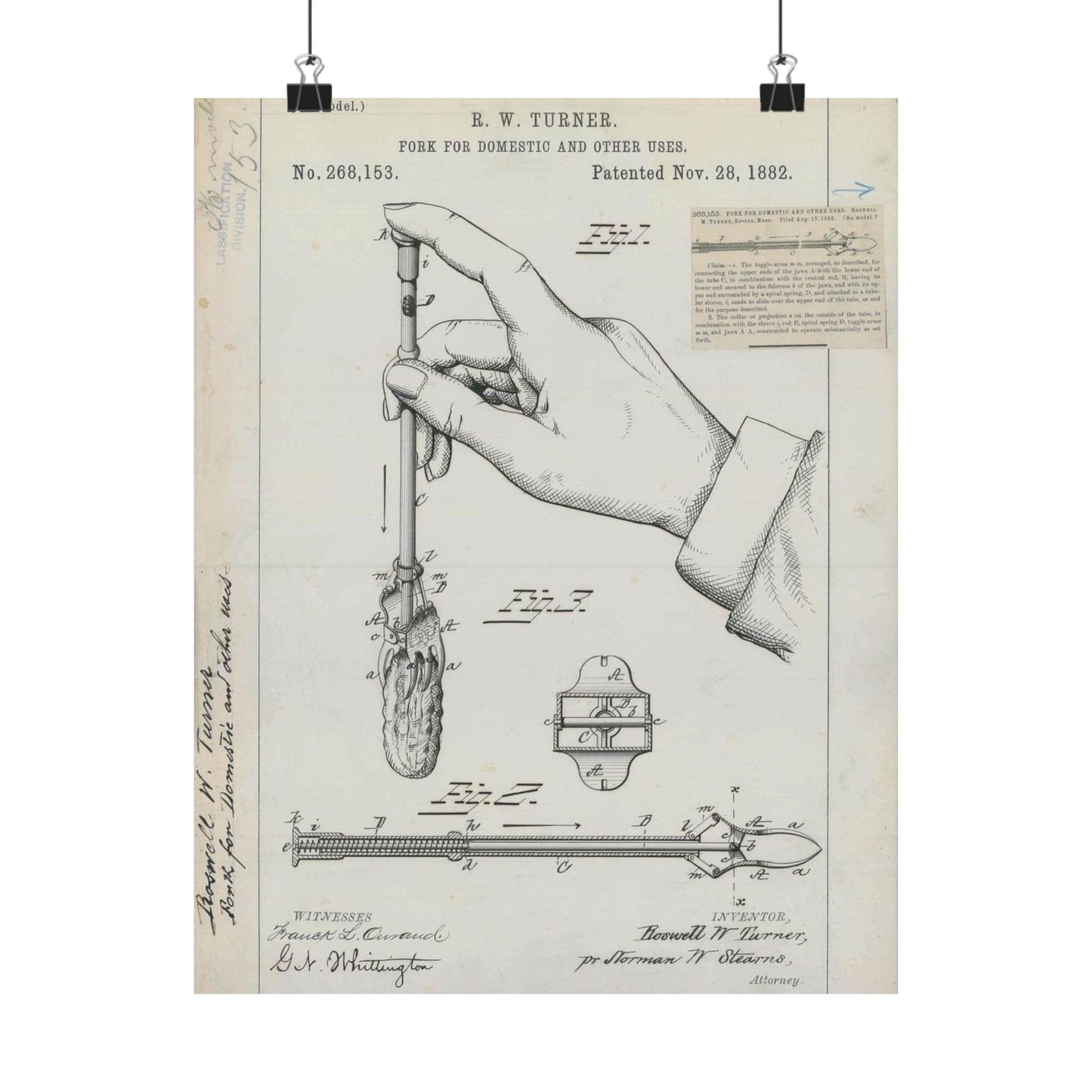 Patent drawing - for R. W. Turner's Fork for Domestic and Other Uses Public domain  image High Quality Matte Wall Art Poster for Home, Office, Classroom