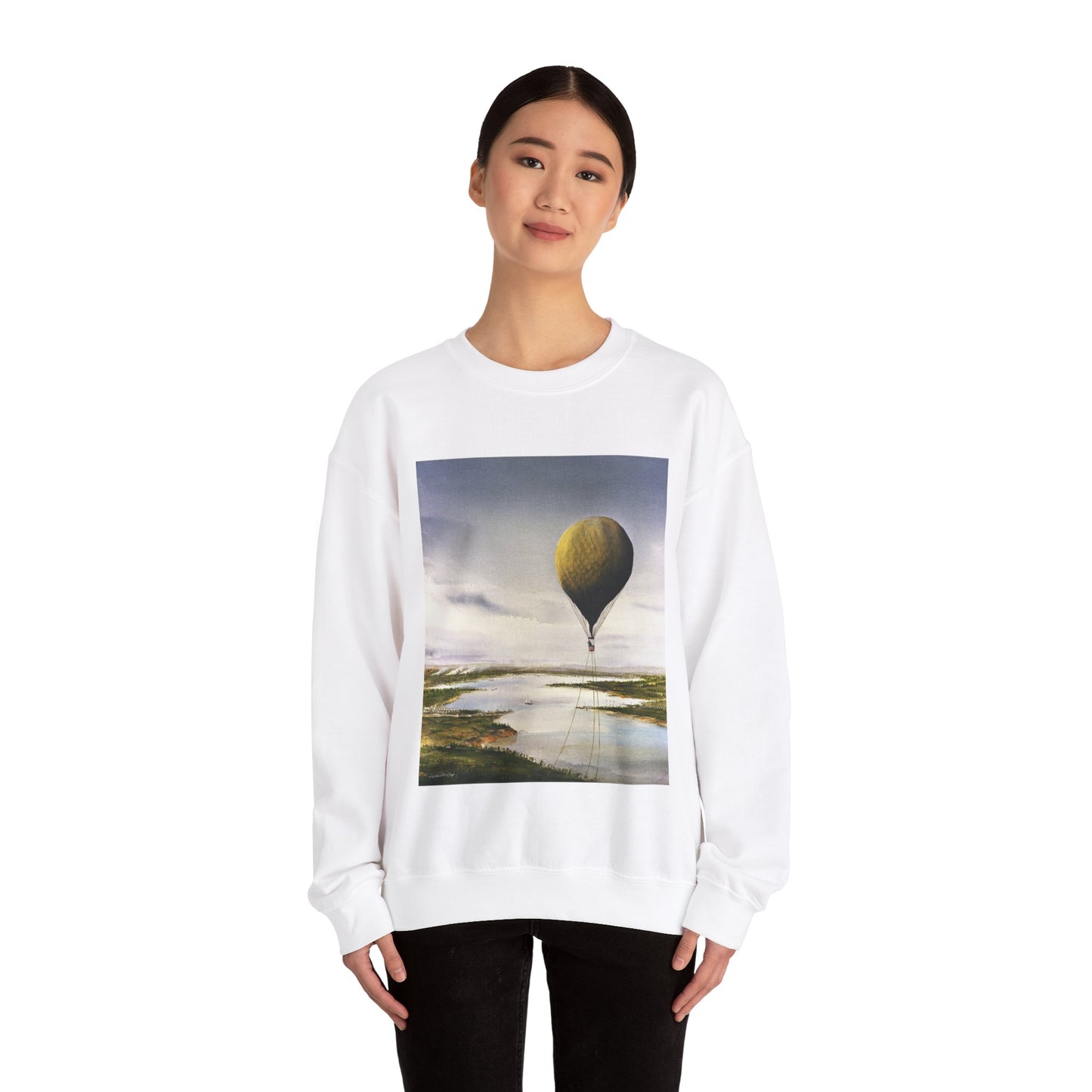 Artwork: "T.S.C. Lowe's Ballon Tethered at 1,000 Feet Above the York River in 1862". Artist: John McCoy White Heavy Blend Adult Crew Neck SweatShirt