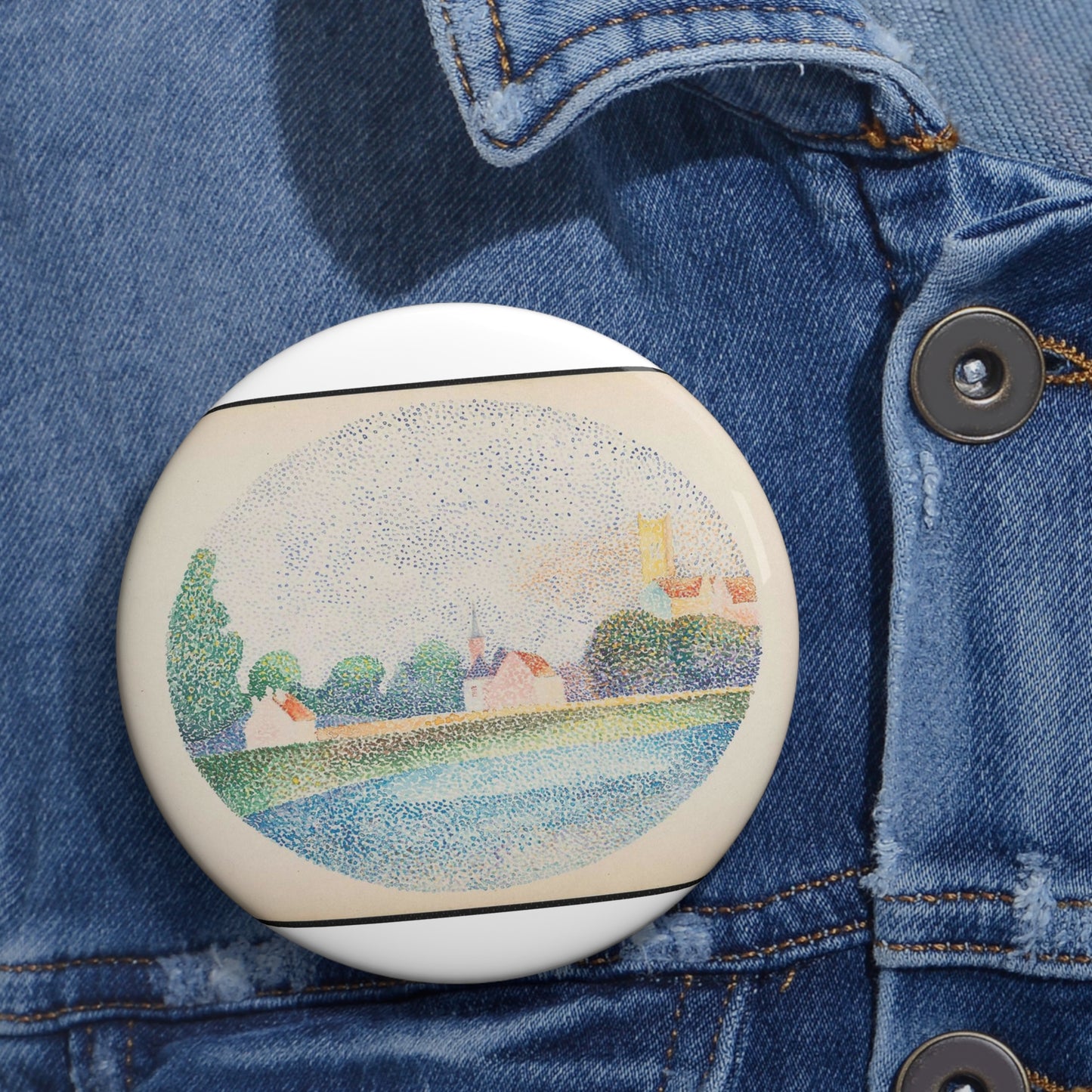 Morning on the Marne at Meaux - Drawing. Public domain image. Pin Buttons with Crisp Design