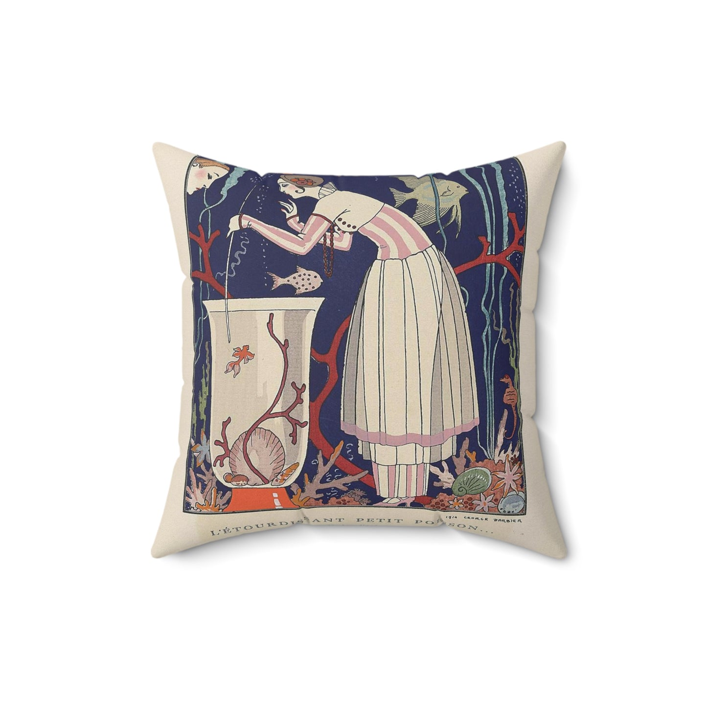 Gazette du Bon Ton, 1914 - No. 5, Pl. 44: L'étourdissant petit poisson (...) / Robe d'été Decorative Accent Square Pillow