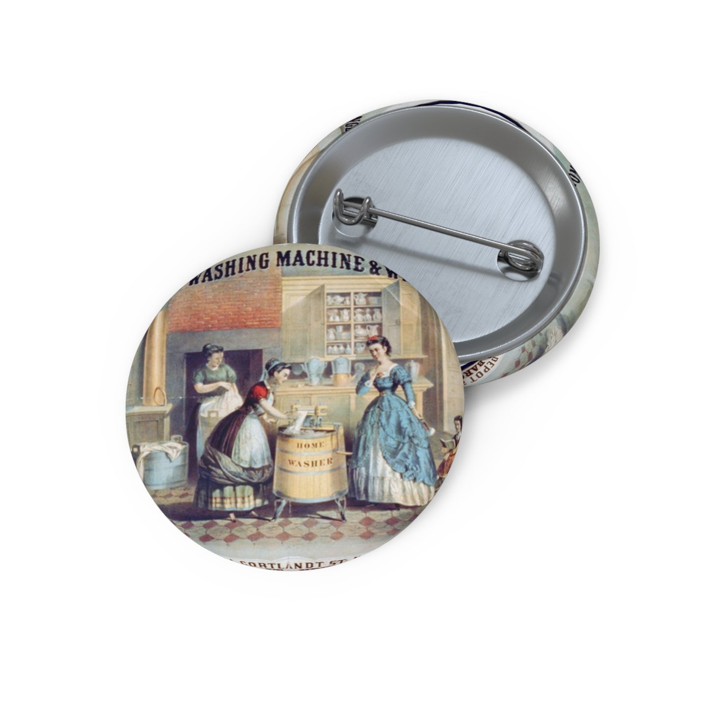 Home washing machine & wringer - A painting of women washing machines in a kitchen Pin Buttons with Crisp Design