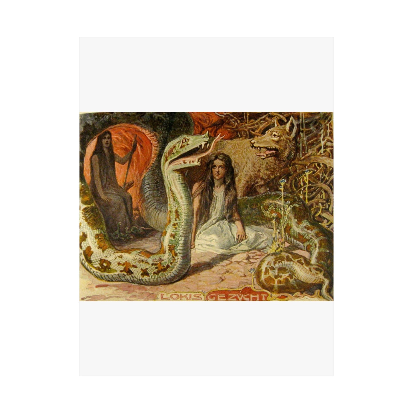 Lokis Gezücht - A painting of a woman sitting in front of a snake High Quality Matte Wall Art Poster for Home, Office, Classroom