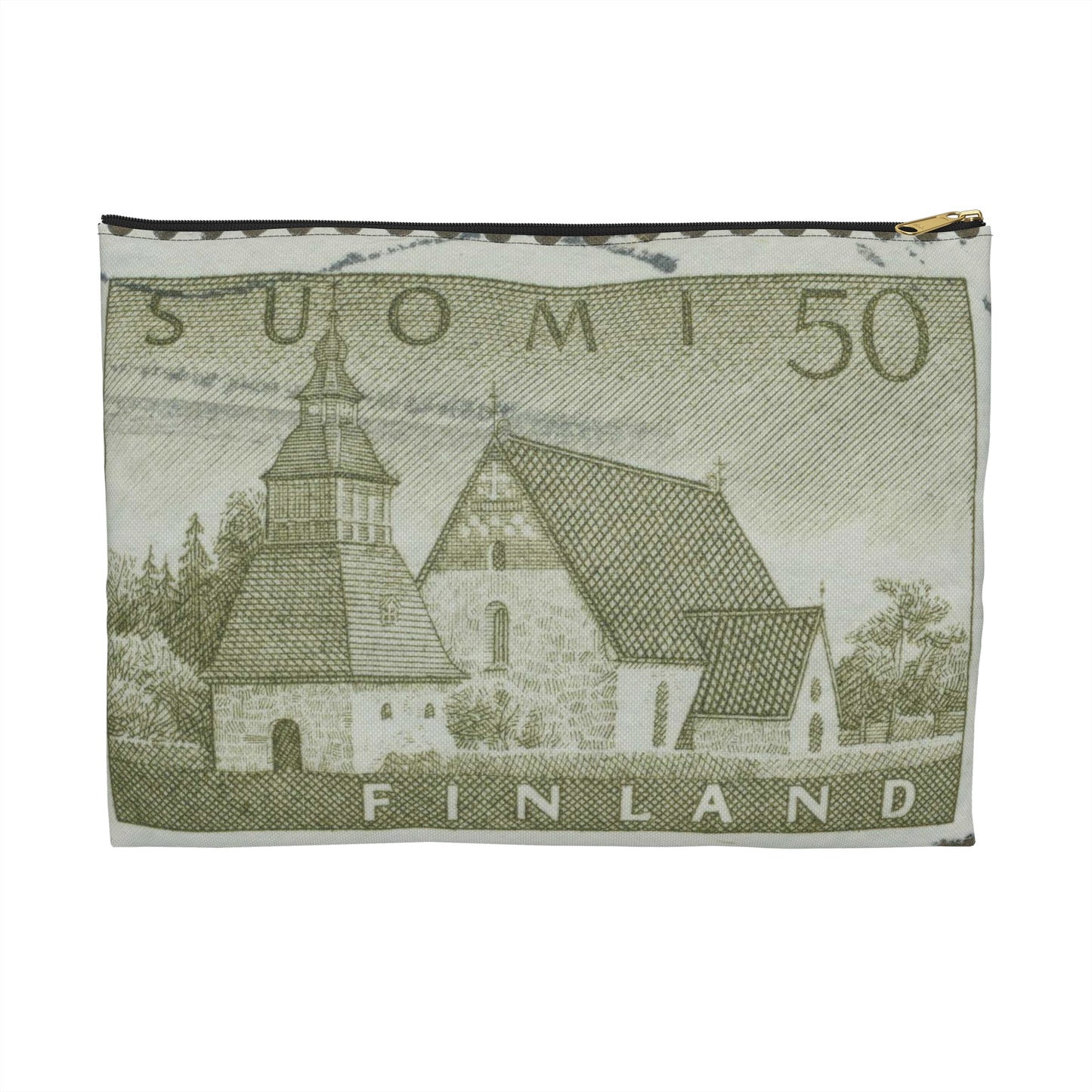 Frimärke ur Gösta Bodmans filatelistiska motivsamling, påbörjad 1950.Frimärke från Finland, 1957. Motiv av Lammi Kyrka med stigport och klockstapel. Large Organizer Pouch with Black Zipper